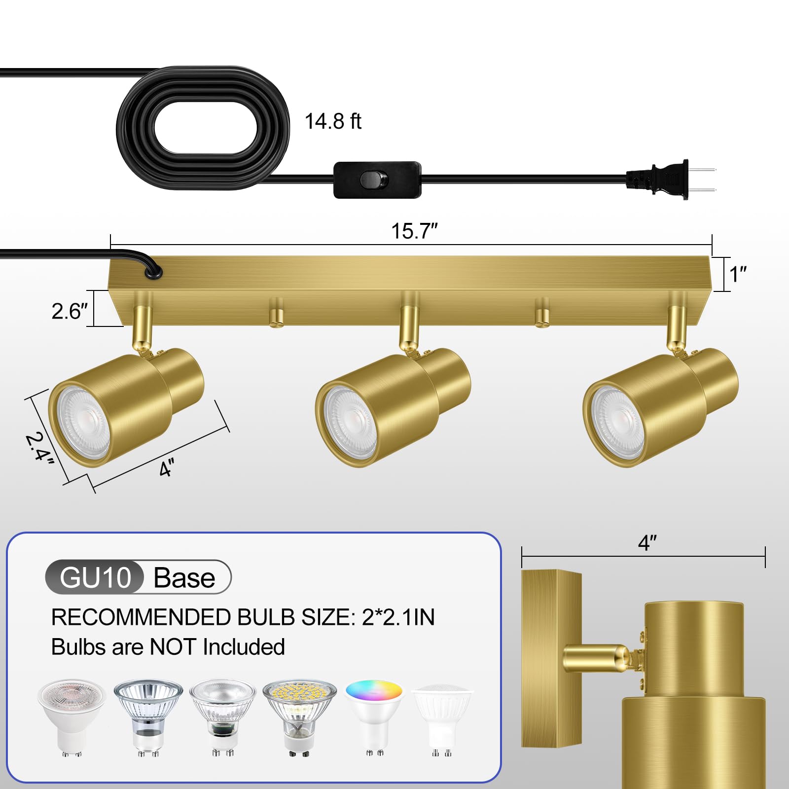 Plug-In Track Lighting Led, Track Light Fixtures Ceiling, Gold 3-Light Track Light For Kitchen, 3 Way Ceiling Spotlight, Rotatable Wall Mount Light Head For Bedroom Hallway, Bulb Not Included