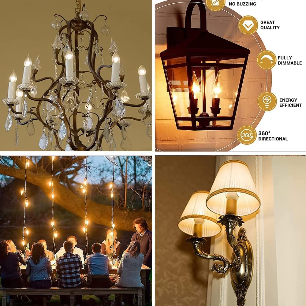 Seigun 12PC Candelabra Light Bulbs, 60W Clear E12 B10, Warm White 2700K, Dimmable, 600 Lumen, Glass