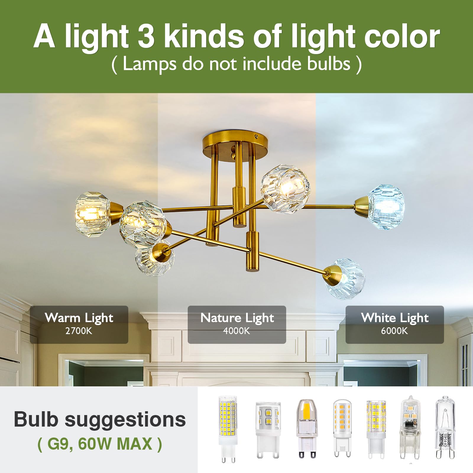 Szxykeji 6-Lights Glass Sputnik Chandelier Vintage Flush Mount Ceiling Light Fixture Gold Farmhouse Lighting For Dining Room Living Room Bedroom Kitchen Passageway.
