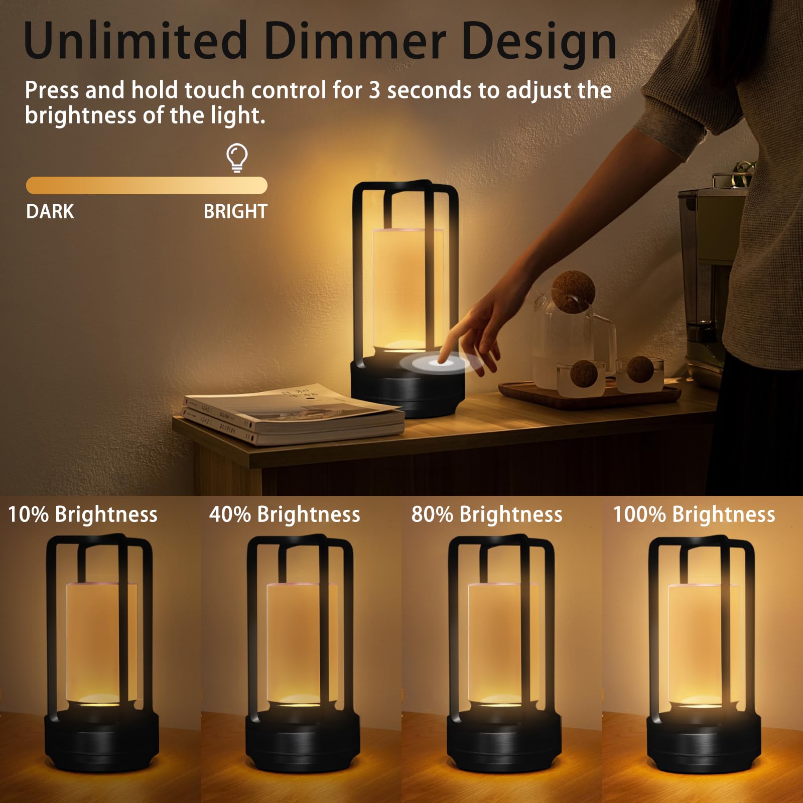 MEINV Cordless Table Lamp - Portable Crystal Lantern, Touch Control, 3 Dimmable Colors, Small, Black, Model CTL001