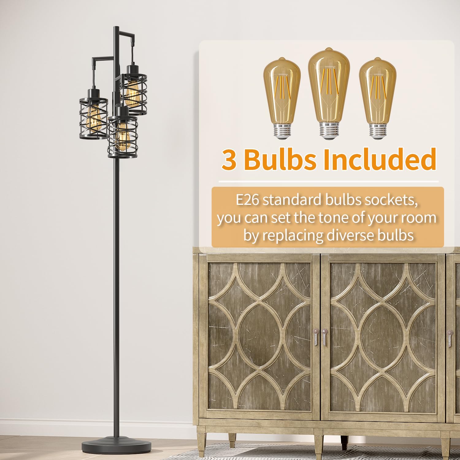 Oneach 68'' Industrial Standing Floor Lamp, Stepless Dim Light With 3 Bulbs, Farmhouse & Corner Design, Tall Lamp For Home And O