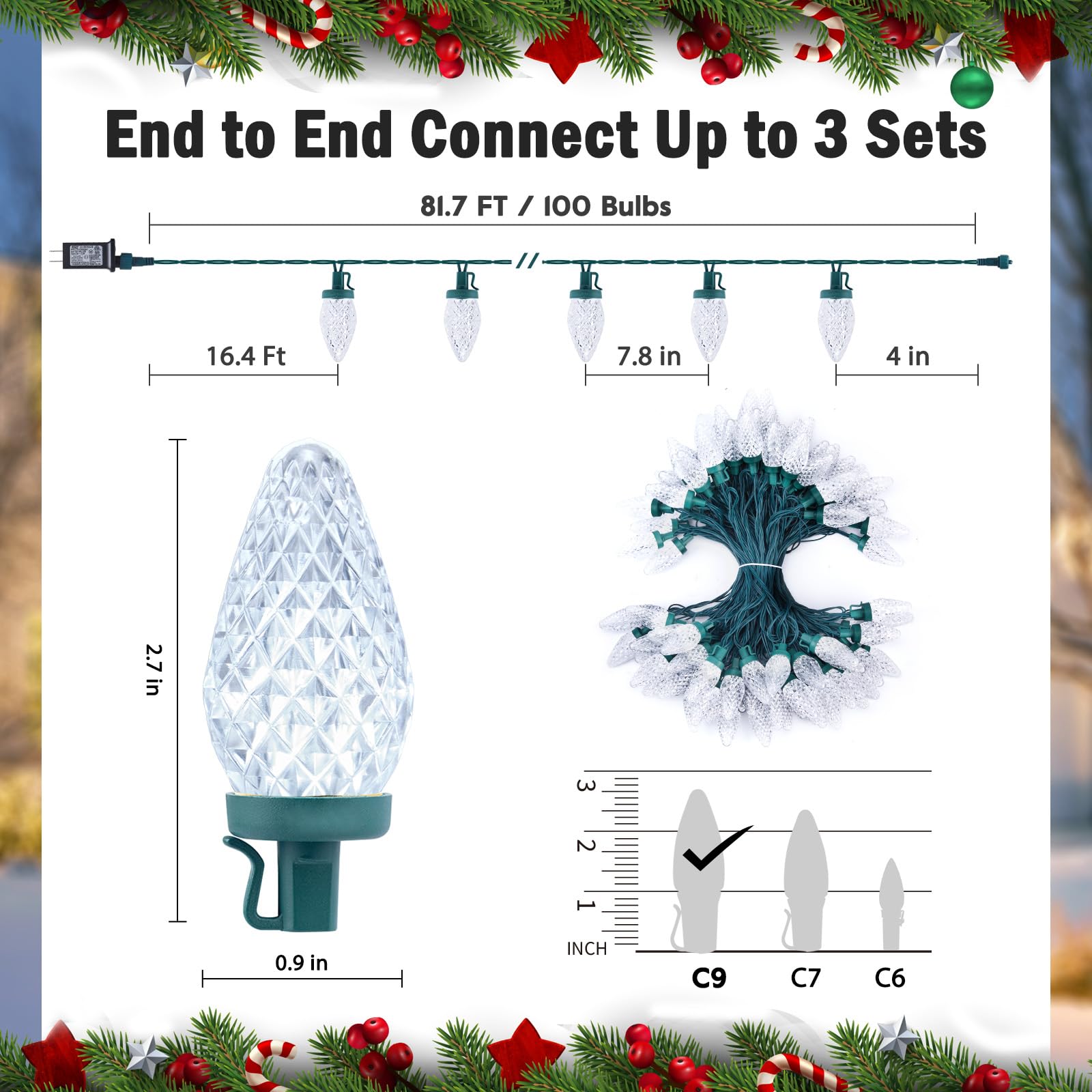 Minetom C9 LED Christmas Lights - 100 Waterproof Fairy Lights, 81 FT, White, Model JT-EL/FC300V0200-C, Timer & 8 Modes