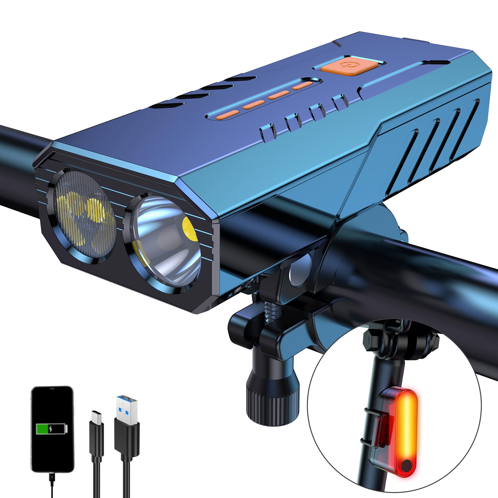 BCOIIUE Bike Light Set,Larger Wide Angle Focused Beam Bike Lights,1200lumen Bright Bike Headlight, Built in 3000 mAh and 400 mAh