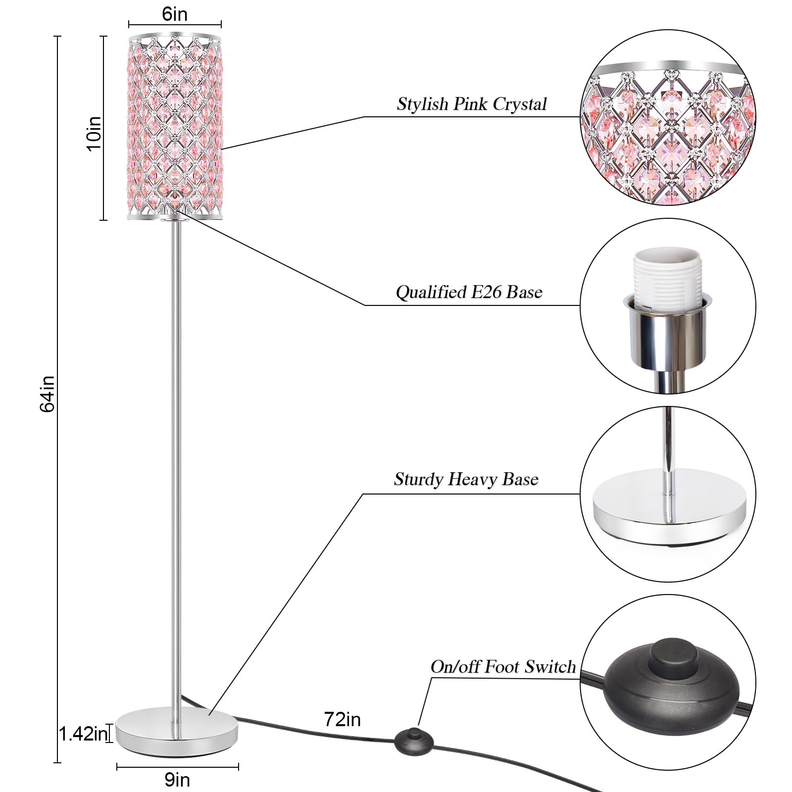 Crystal Floor Lamp For Bedroom, Silver Floor Lamp With Pink Shade, Girls Floor Lamp With On/Off Foot Switch, Elegant Standing Li