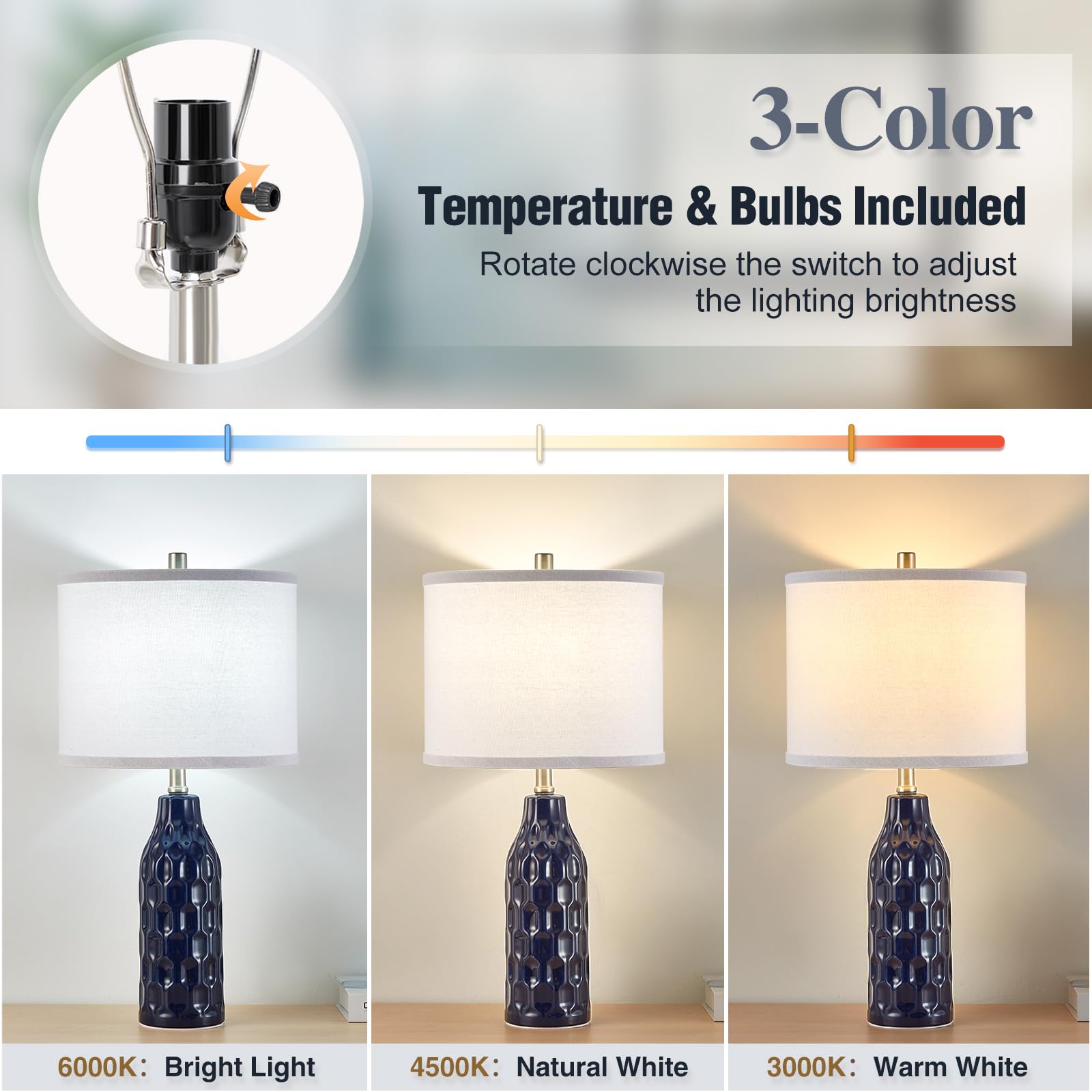 Luvkczc Ceramic Table Lamps Set of 2 - 24.8in Nightstand Lamps, Navy Blue, 3 Color Temperatures, Bulbs Included