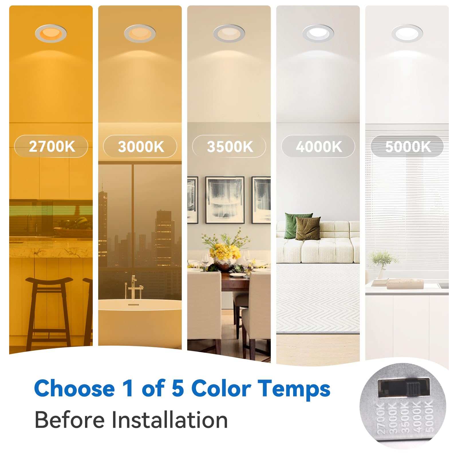 Cycevsun 3 Inch Recessed Led Lights  Switchable Night Light & Main Light  5 Color Temperatures 2700K-5000K  Dimmable Canless Downlight For Cozy Home Lighting  6W/2W  Etl  6 Pack