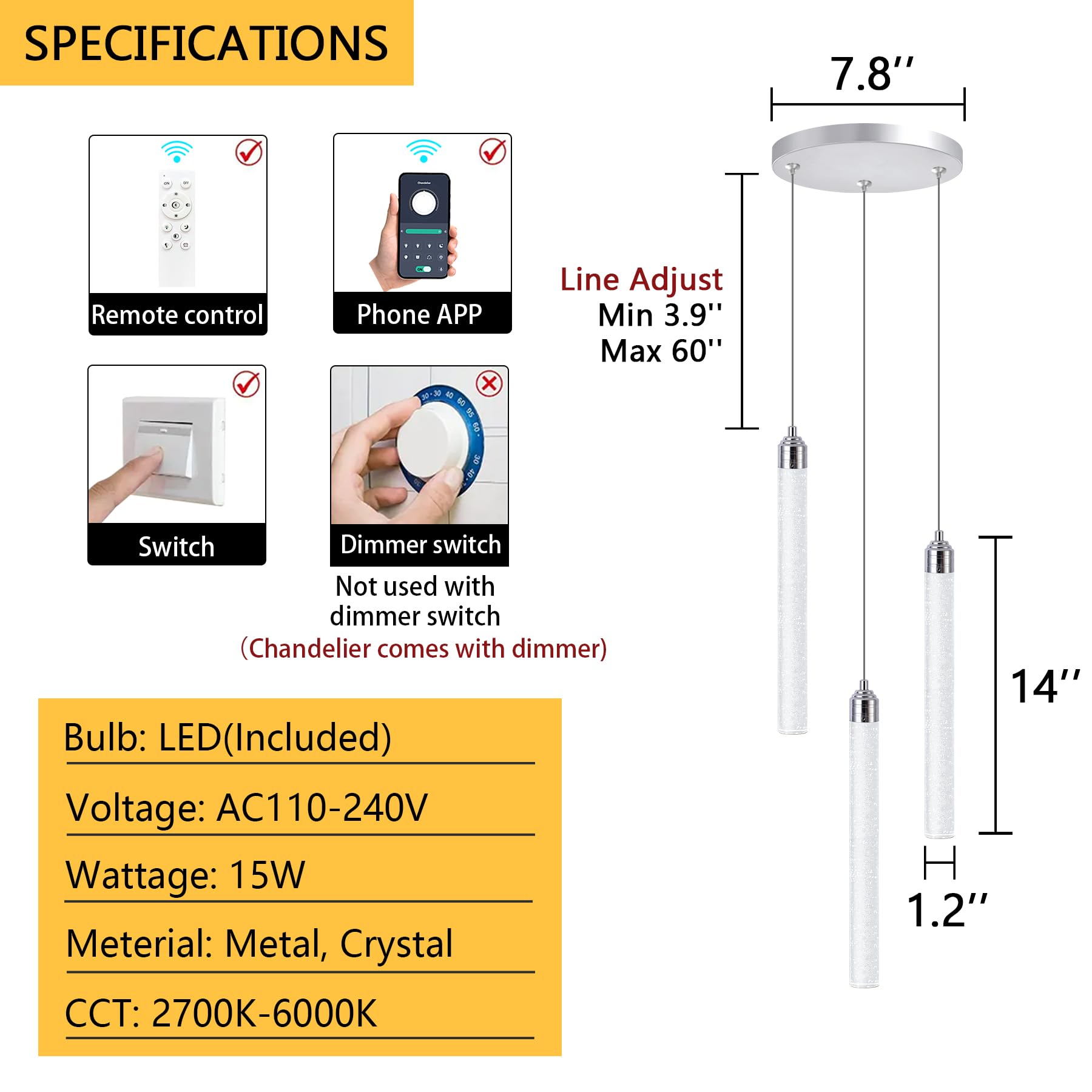 Dolria Mini Chandelier LED Pendant Light, 3 Lights, Silver, Model PC0008 for Kitchen & Dining Room