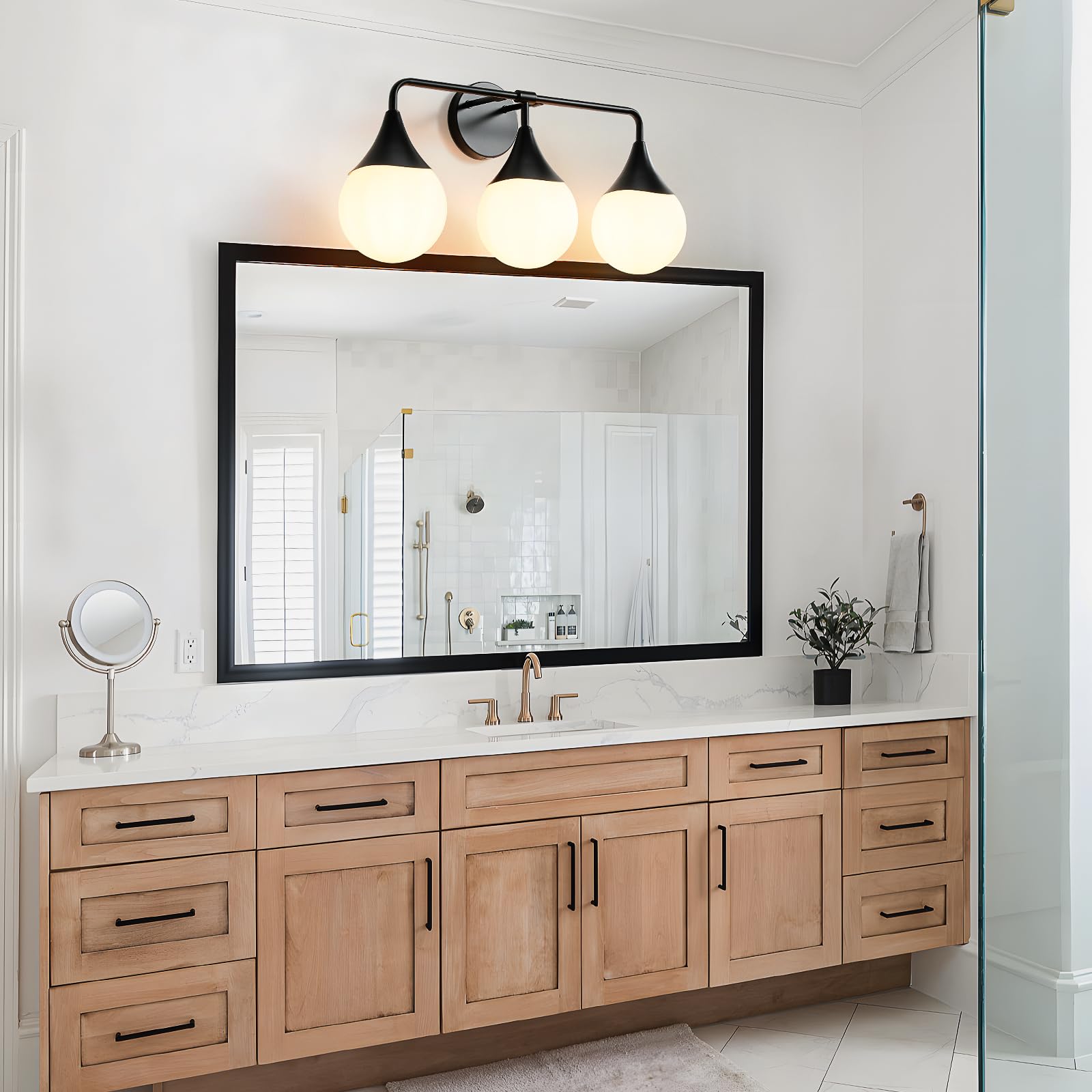 HAHZT 3-Light Bathroom Vanity Light Fixtures - Mid Century Modern Matte Black Wall Sconce with Milky White Globe Glass - Model 8089ML