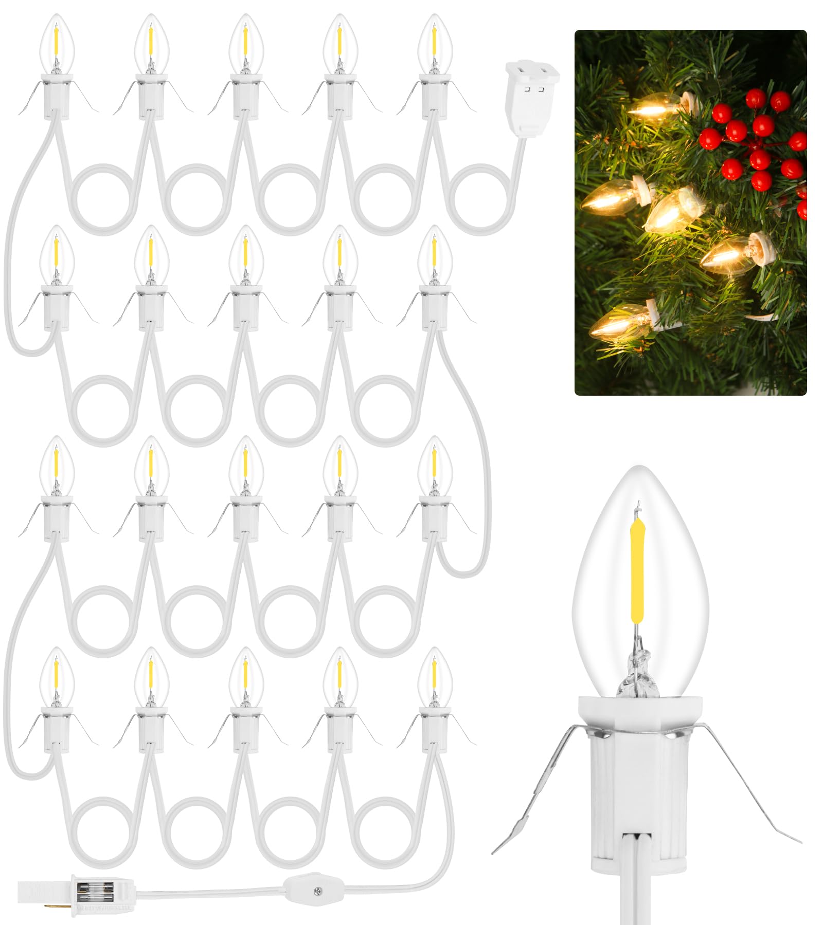 1Pack Accessory Cord with 20LED Light Bulbs and Outlet, Christmas Village Light 32.4FT String lights Cord 2Fuse C7/E12 Base Christmas Village Accessories for Halloween Christmas Village Houses
