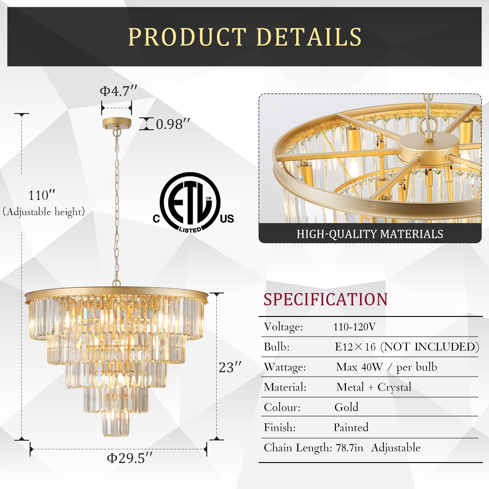 CATINER Large Crystal Chandelier - Modern 30” Gold Fixture, 5 Tiers, 16 Lights for Dining Room & Foyer, Model P91-750G1