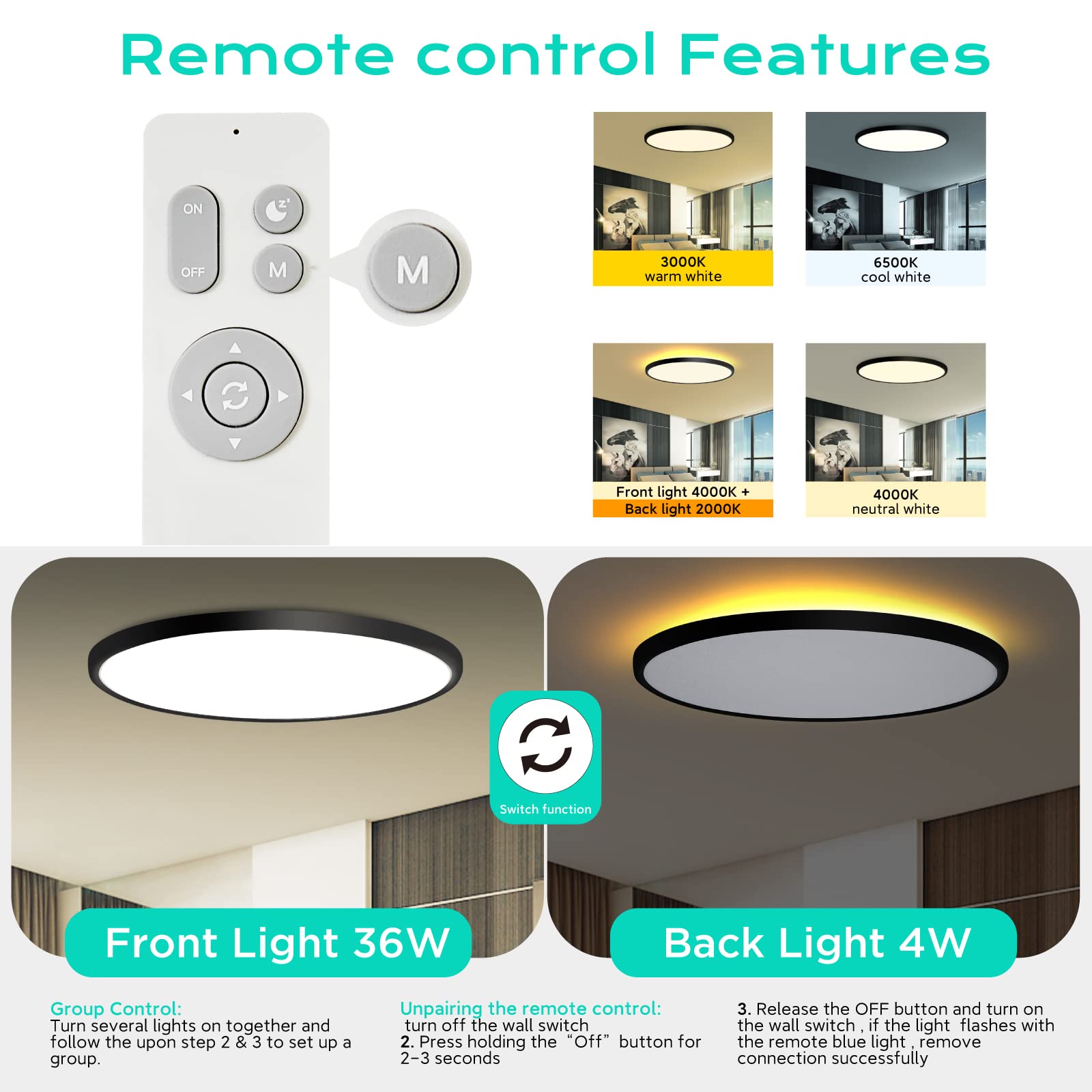 Roomratv Flush Mount Light Fixture With Remote Control, 2000K Night Light Feature, 18Inch 36W Led Ceiling Light With Full Cct Br