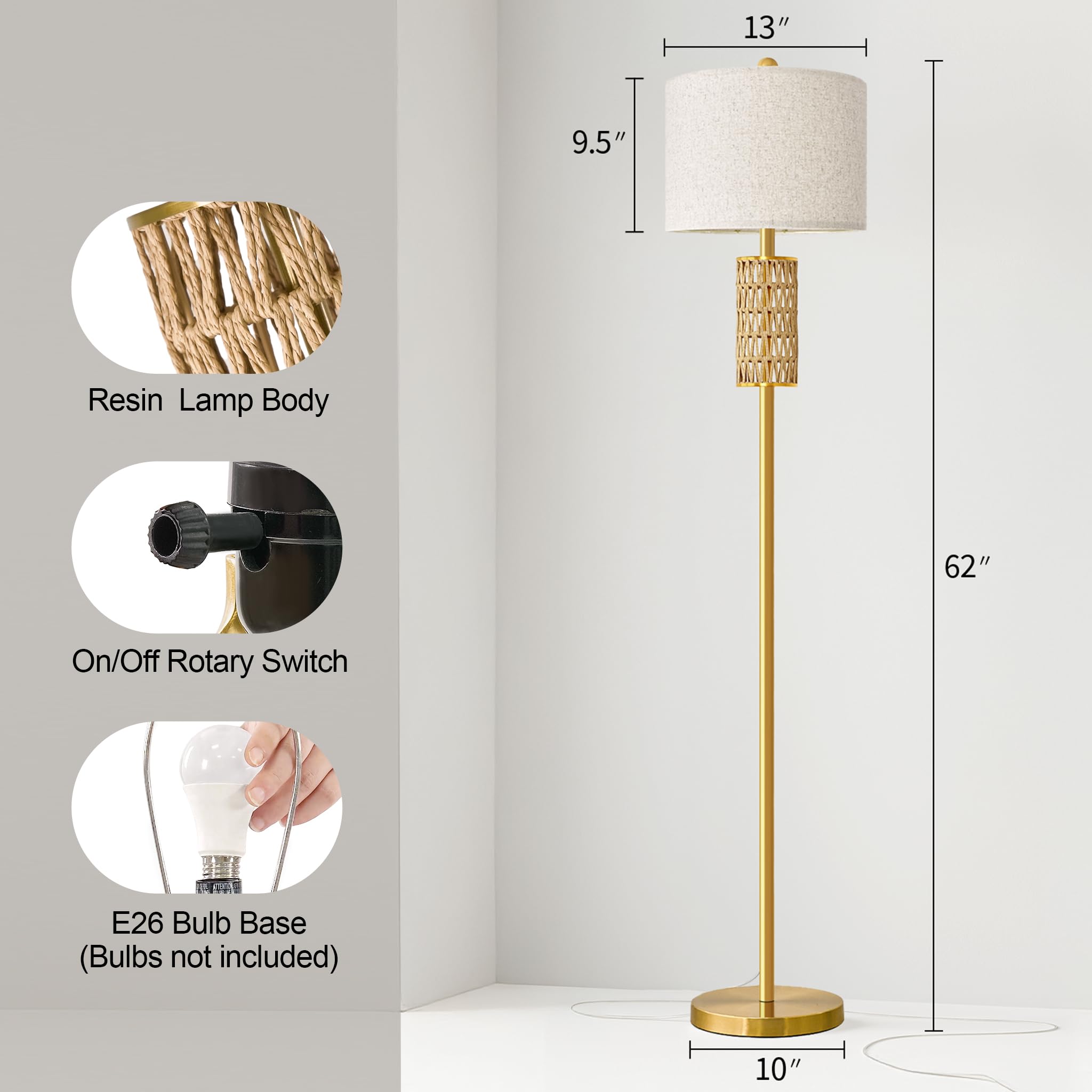 Oneach 62Modern Floor Lamp For Living Room, Gold Boho Standing Lamp With Unique Rattan Design, Rotary Switch, Farmhouse Tall Lam