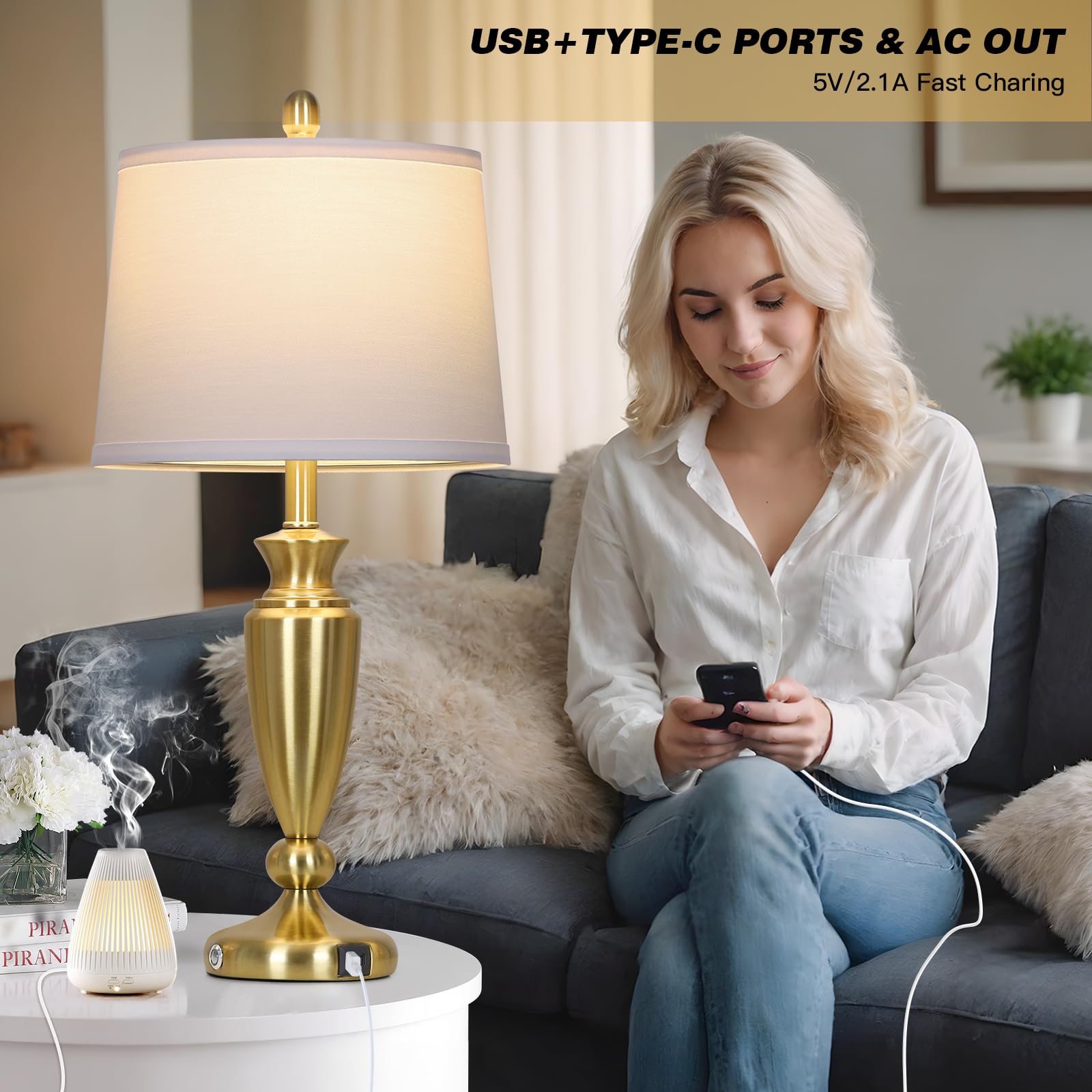 Rinweey 27'' Gold Table Lamps For Living Room, 3 Way Touch Control Bedside Lamps Set Of 2 With Usb A+C Ports, Modern Metal Night