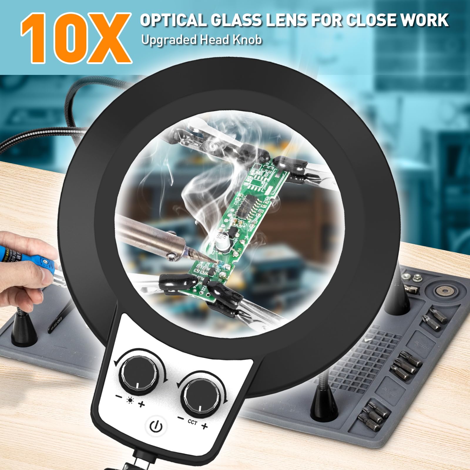10X Magnifying Glass With Light And Stand, Soldering Helping Hands Repair Mat, Any Color Stepless Dimming Magnifying Lamp, 4 Pcb