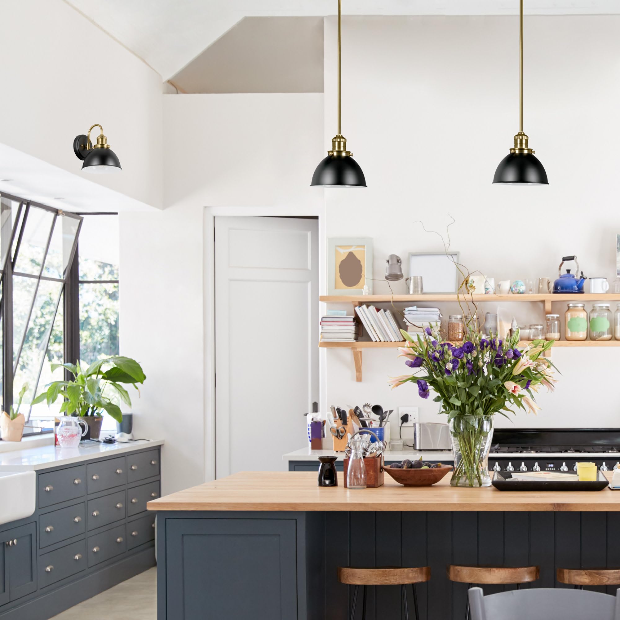 Design House 588301-Bgd Savannah Farmhouse 3-Light Indoor Bathroom Vanity Light Dimmable Matte Black Metal Shade With Gold Trim