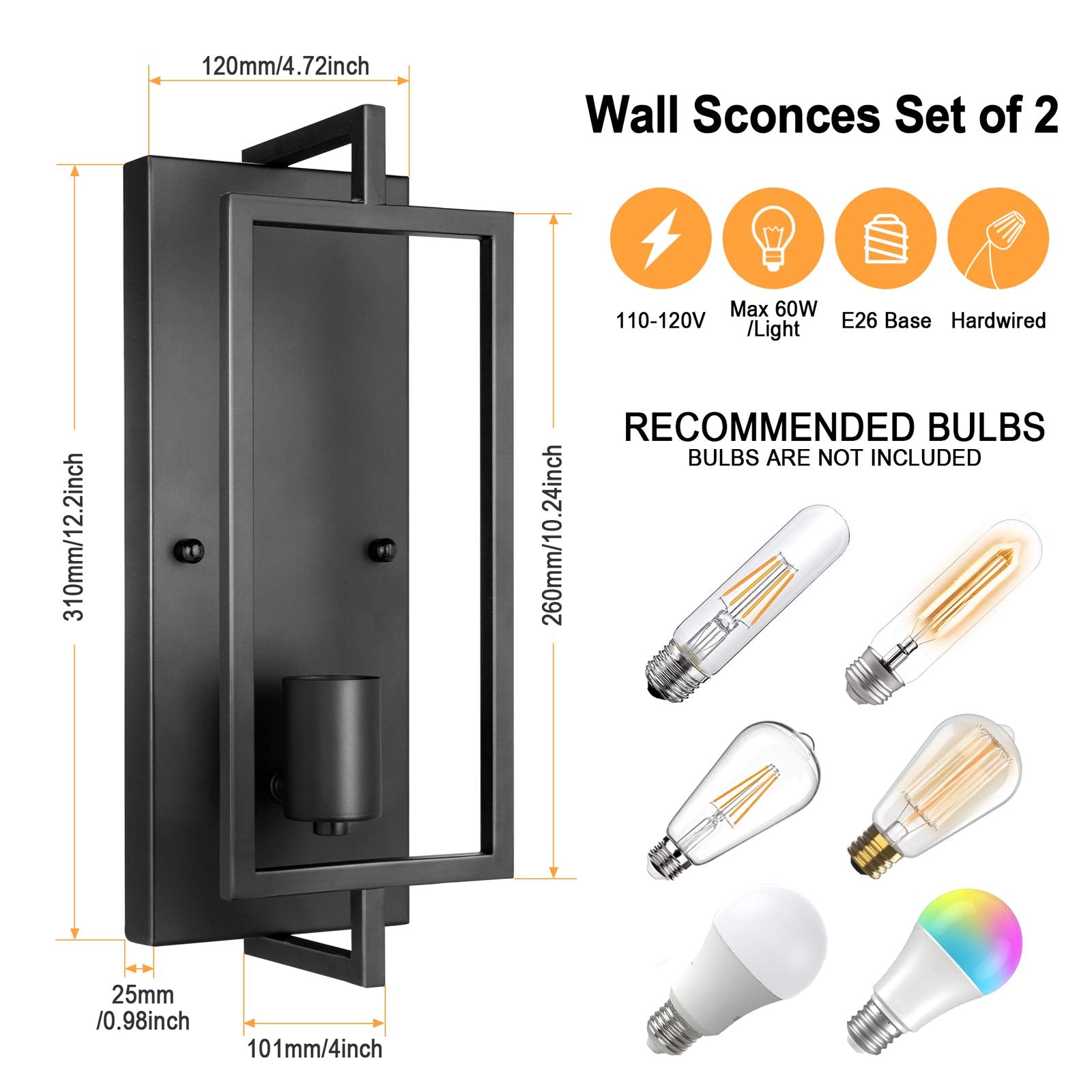 Maylaywood Vintage Industrial Wall Sconces - Set Of 2 Matte Black Metal Hardwired Lamps