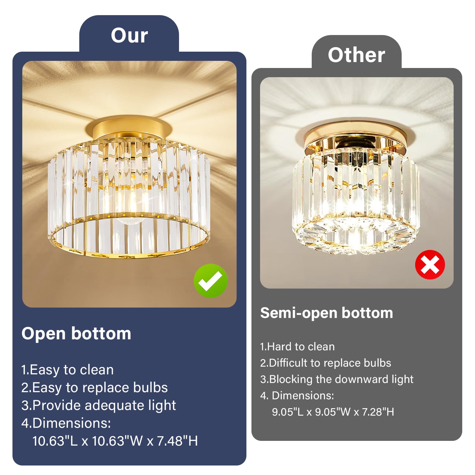 Violoemi Crystal Gold Semi Flush Mount Ceiling Light Modern Hallway Light Fixture Metal Close To Ceiling Lamp For Kitchen Living Room Bathroom Entryway Bedroom(10.63 Inch)