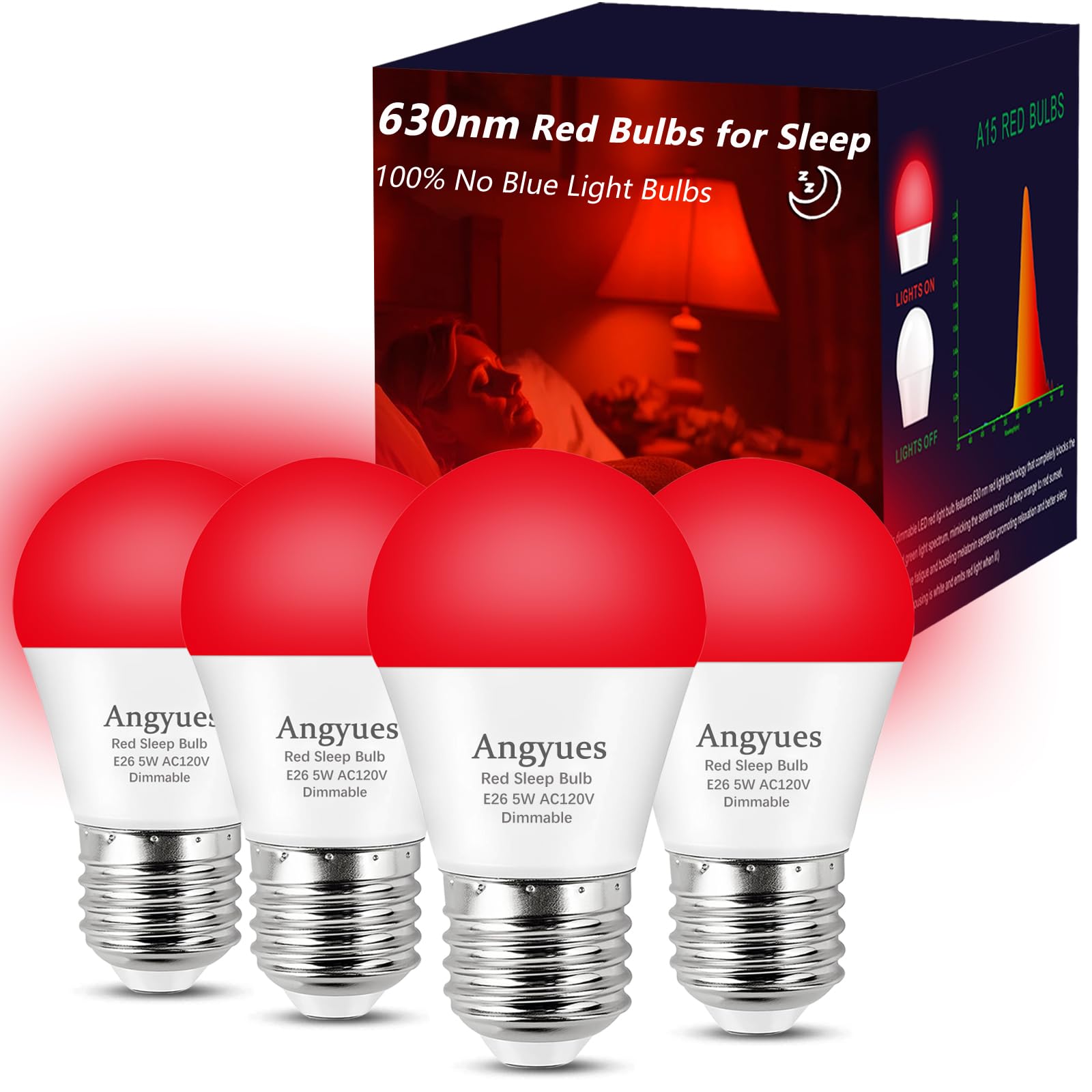 Angyues 630nm Red Sleep Bulb Dimmable  100% Blue Light Blocking  Promotes Melatonin Production  E26 A15 LED 5W Red Dim Night Light for Babys Bedroom  Sleeping  4Pack