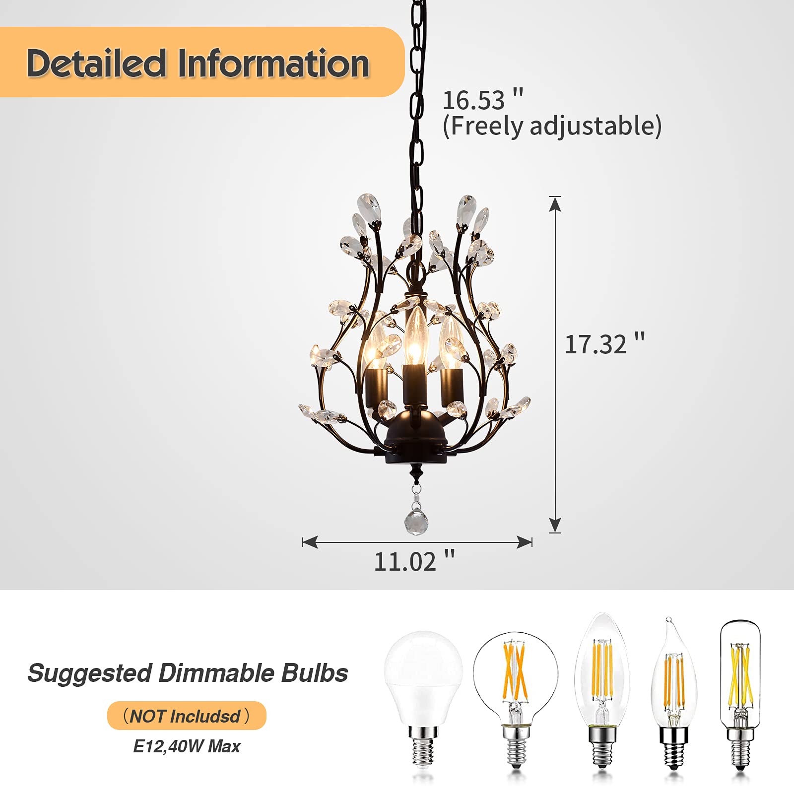 CVKASH 3-Light Crystal Chandelier Flush Mount, 11 Inch, Matte Black Metal, Vintage Style for Bedroom, Porch, Dining Room, Kitchen