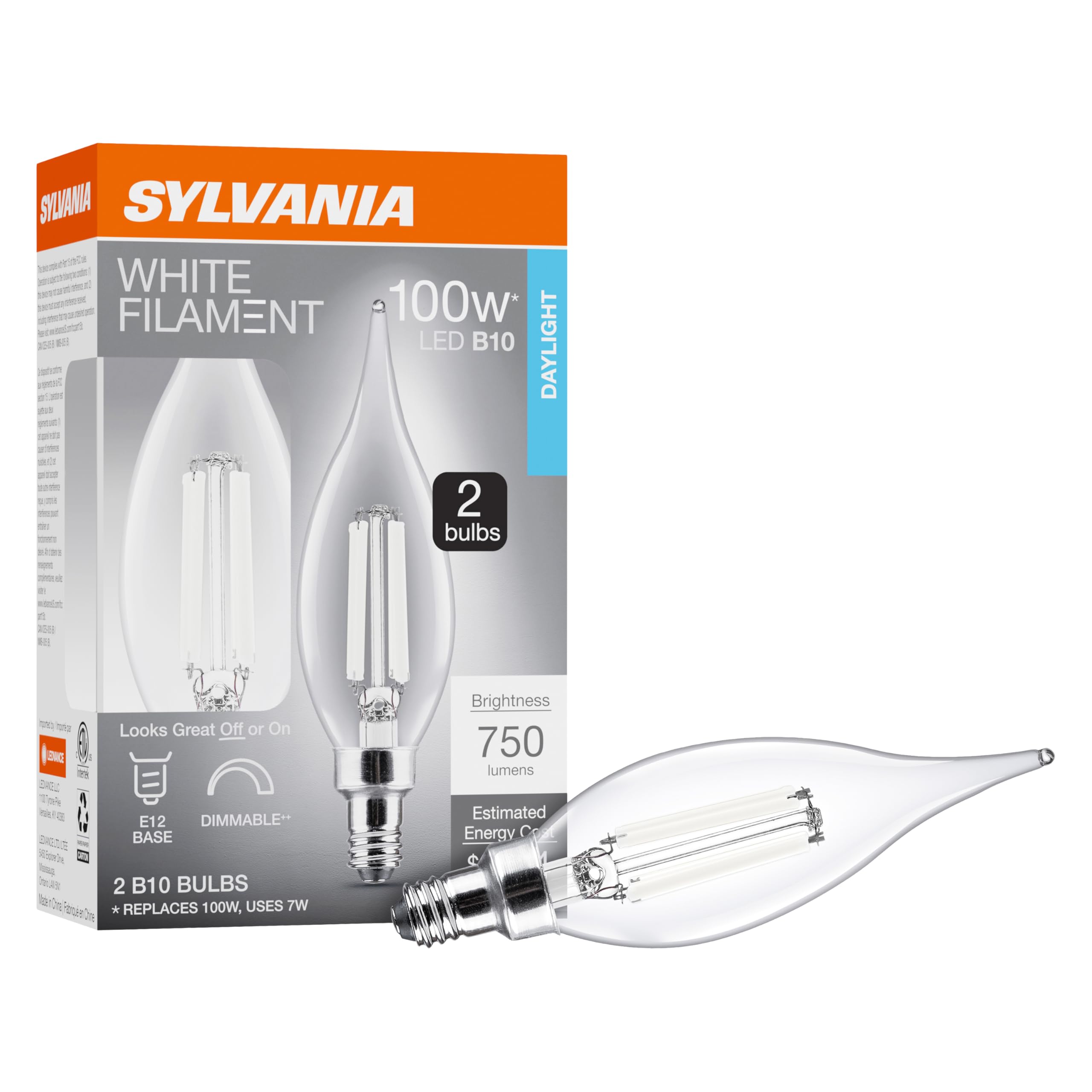 Sylvania B10 Clear Led White Filament Bulb, 7W, Dimmable, 750 Lms, Candelabra Base, 5000K, Daylight - 2 Pack (42261)