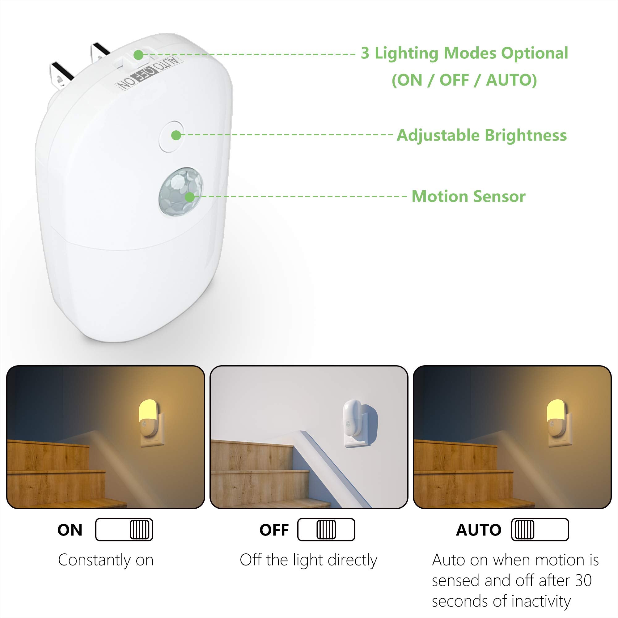 MAZ-TEK Plug-in Motion Sensor Night Light, Dimmable LED, 2 Pack, Soft Warm White, Adjustable Brightness, Model MZ303-M-2