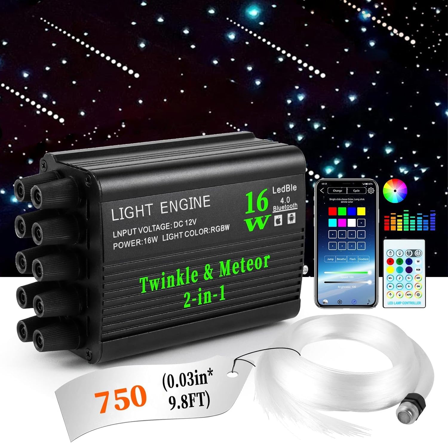 Vastfire 750 Starlight Headliner Kit - Rgbw Fiber Optic Stars For Car/Home Decoration, 16W