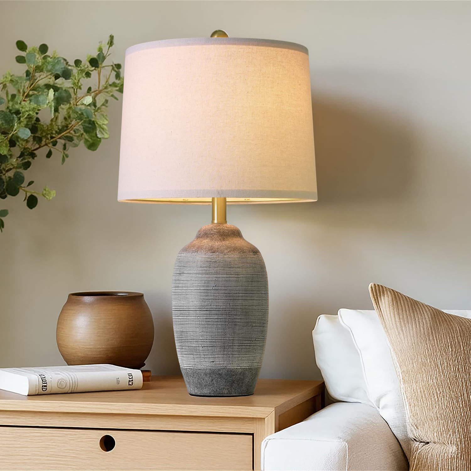 USumkky 24.5 Vintage Ceramic Table Lamp with 5FT Cord Single Farmhouse Rustic Bedside Lamp with Natural Textured Finish  Nightstand Lamps for Living Room  Bedroom End Table Office Rustic Black & Gray