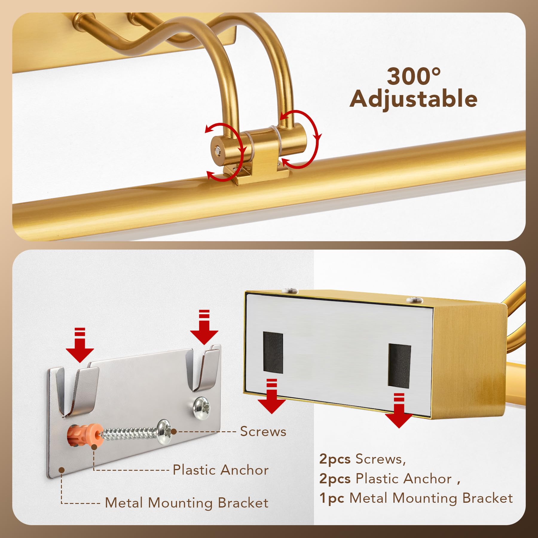 RAIFOOLLY Picture Light, 16in Wireless Wall Lighting, Dimmable Remote Art Light, Brass, Model RF00181