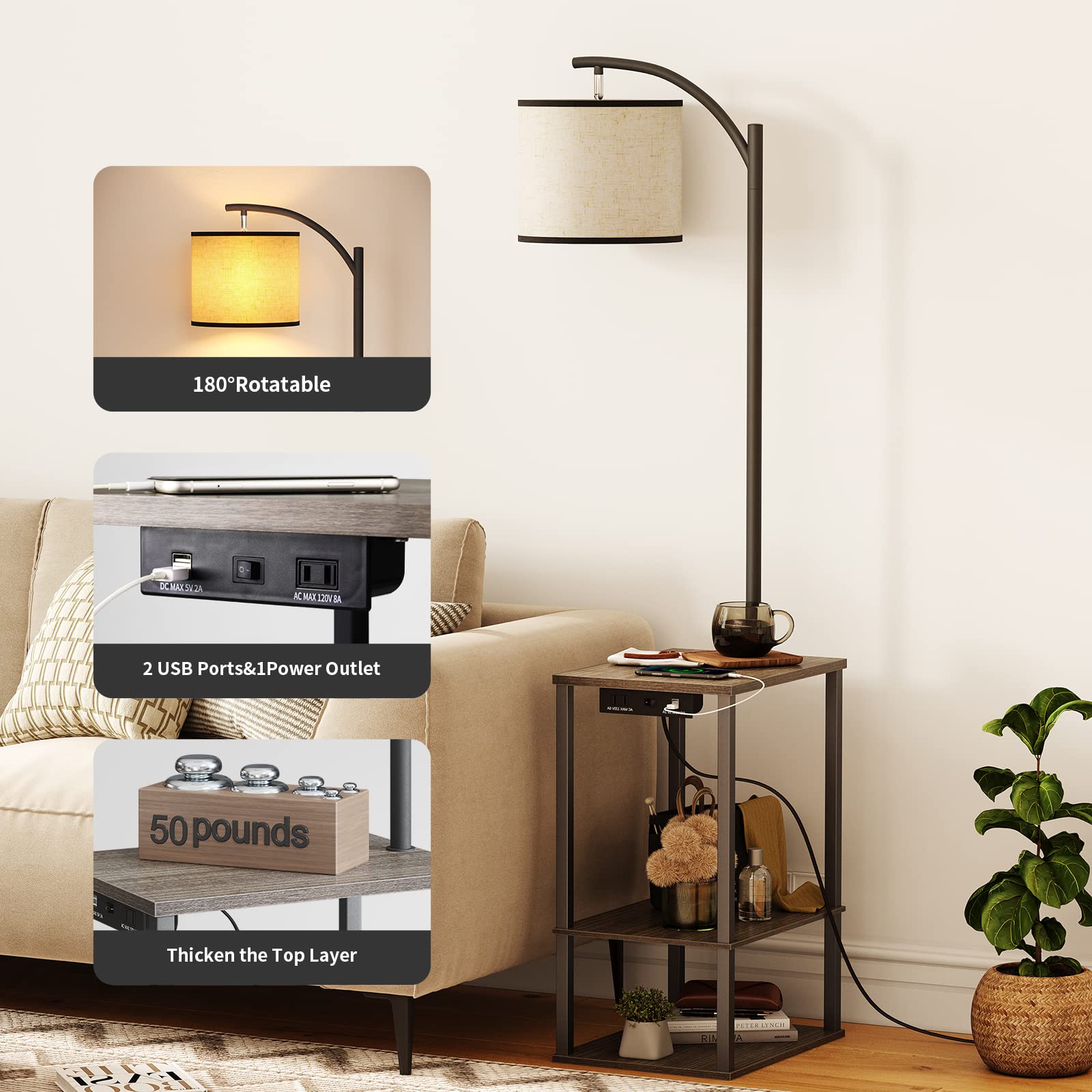 Sunmory Floor Lamp With Table, End Table With Lamp, Shelves, Charging Station(Usb & Ac Port), 3-Color Temperature Led Bulb, Side