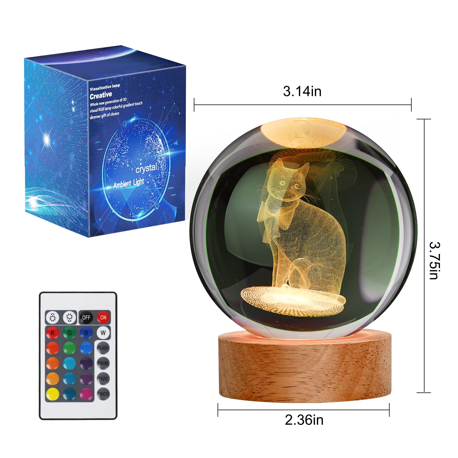 Janarary Cat Gifts For Cat Lovers For Women, Large 3D Cat Night Light, Crystal Cat Figurines Lamp 16 Color Changing With Remote