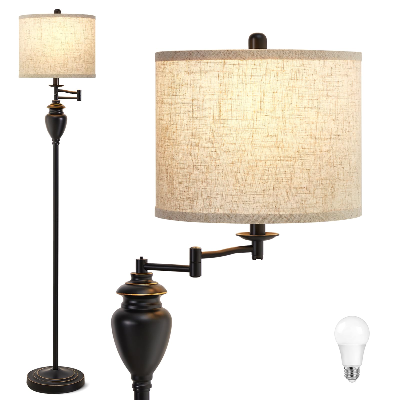 Gyrovu Vintage Floor Lamp - Adjustable 3 Color Temperature, Beige Drum Lampshade, Tall Design
