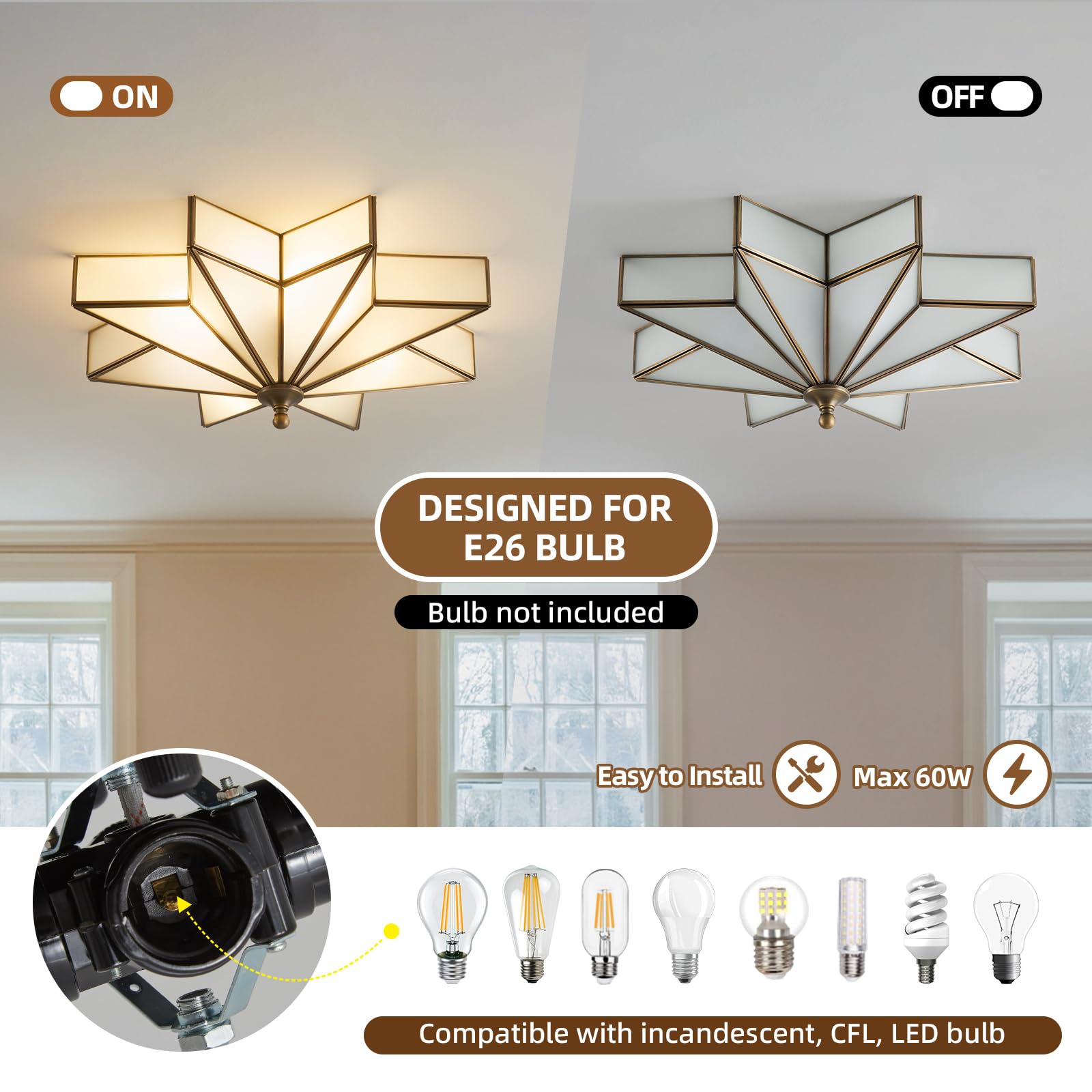 Mazu house Black Star Flush Ceiling Light - 19.5 Inch Brass Glass Fixture - Bronze with Frosted Glass - Model DDXD08-TH-480