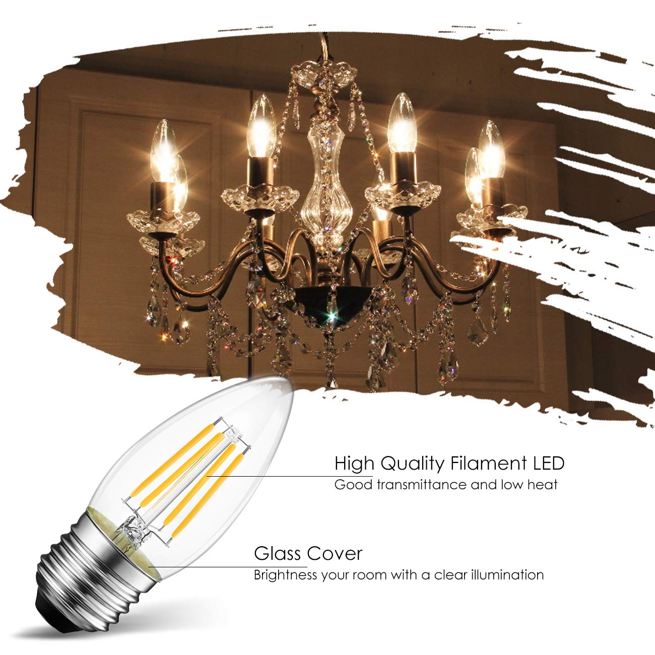 Lvwit Dimmable Led Candelabra Bulbs B11 Filament Bulb E26 Base 5.5W(75W Equivalent) 2700K Warm White Chandelier Decorative Candl