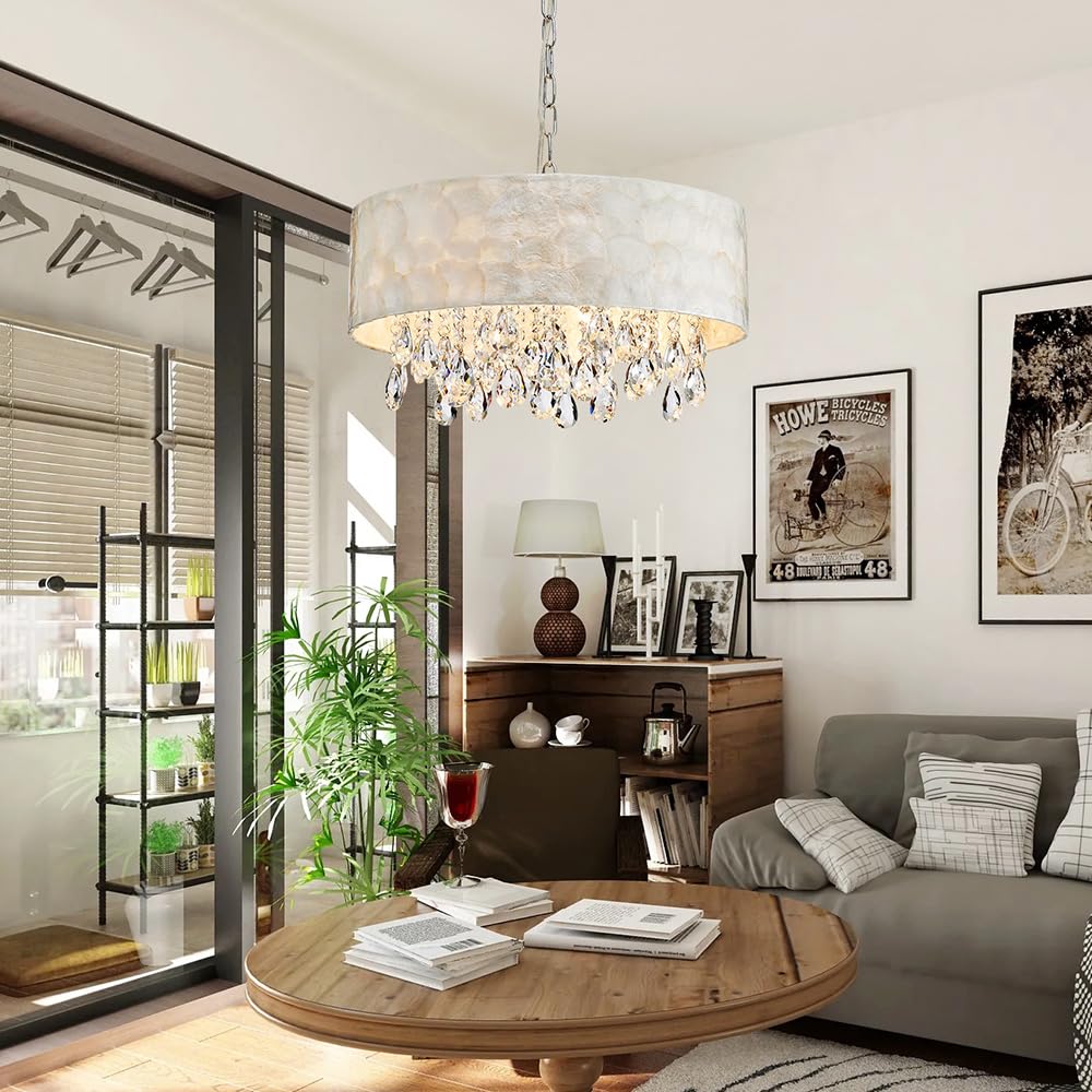 AGV LIGHTING CH020 Capiz Shell Pendant Light, Modern K9 Crystal, 4 E12 Sockets, D17xH6, Adjustable 59" Chrome Chains, White & Clear