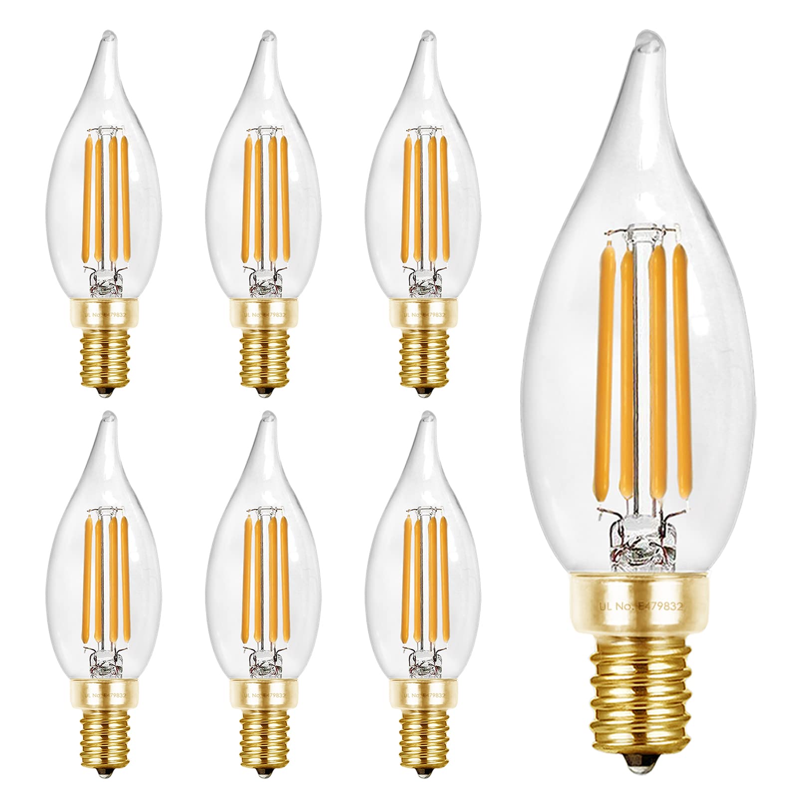 Hizashi LED Candelabra Bulbs 4W 450LM Dimmable E12 Flame Tip 2700K Warm White 6 Pack, Glass, UL Listed