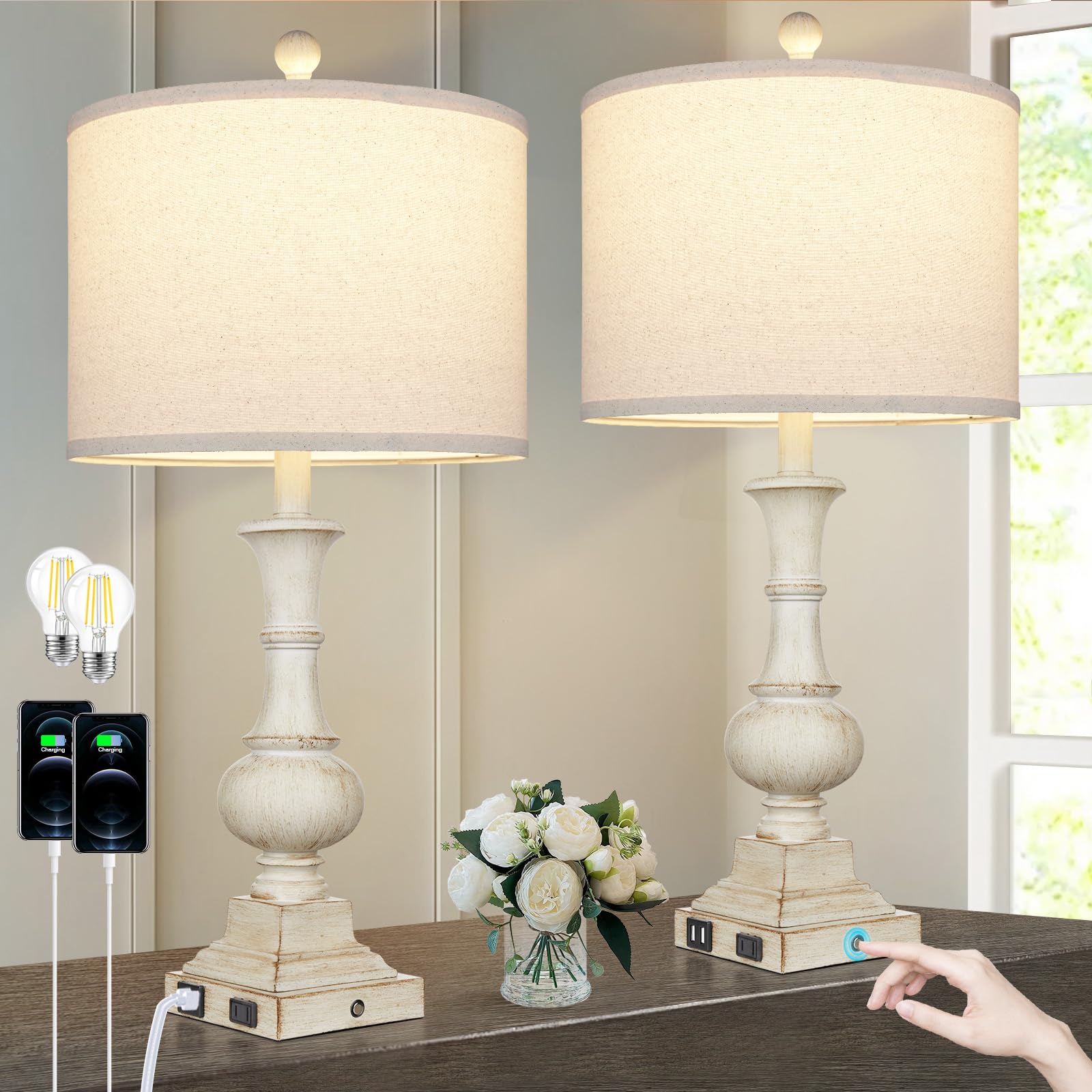 26" Farmhouse Table Lamps Set of 2, Rustic Touch Control Bedside Lamps with 2 USB Ports & AC Outlet, Vintage White Resin 3-Way Dimmable Nightstand Lamp Linen Fabric Shade for Living Room Bedroom Decor