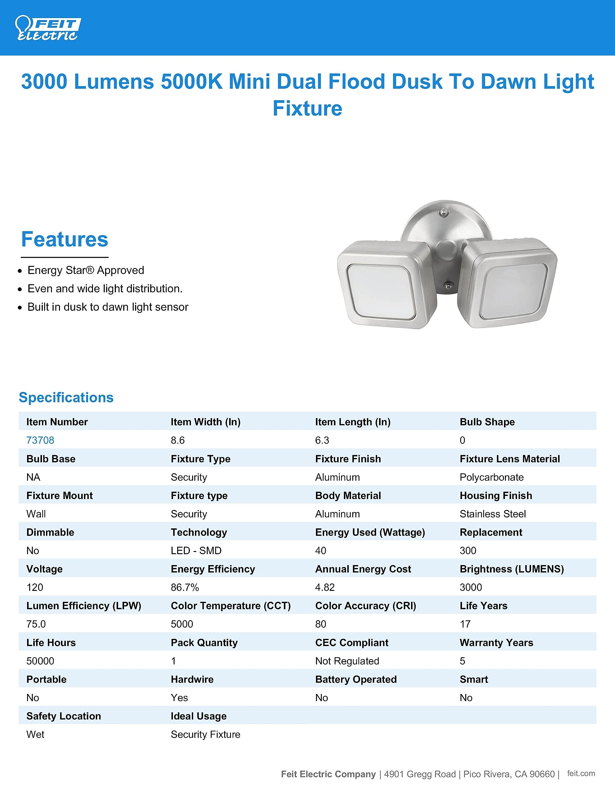 Feit Electric - 3000 Lumens Dusk To Dawn Mini Dual Flood Led Security Outdoor Light, 5000K Cct Daylight, Two Head Stainless Mini