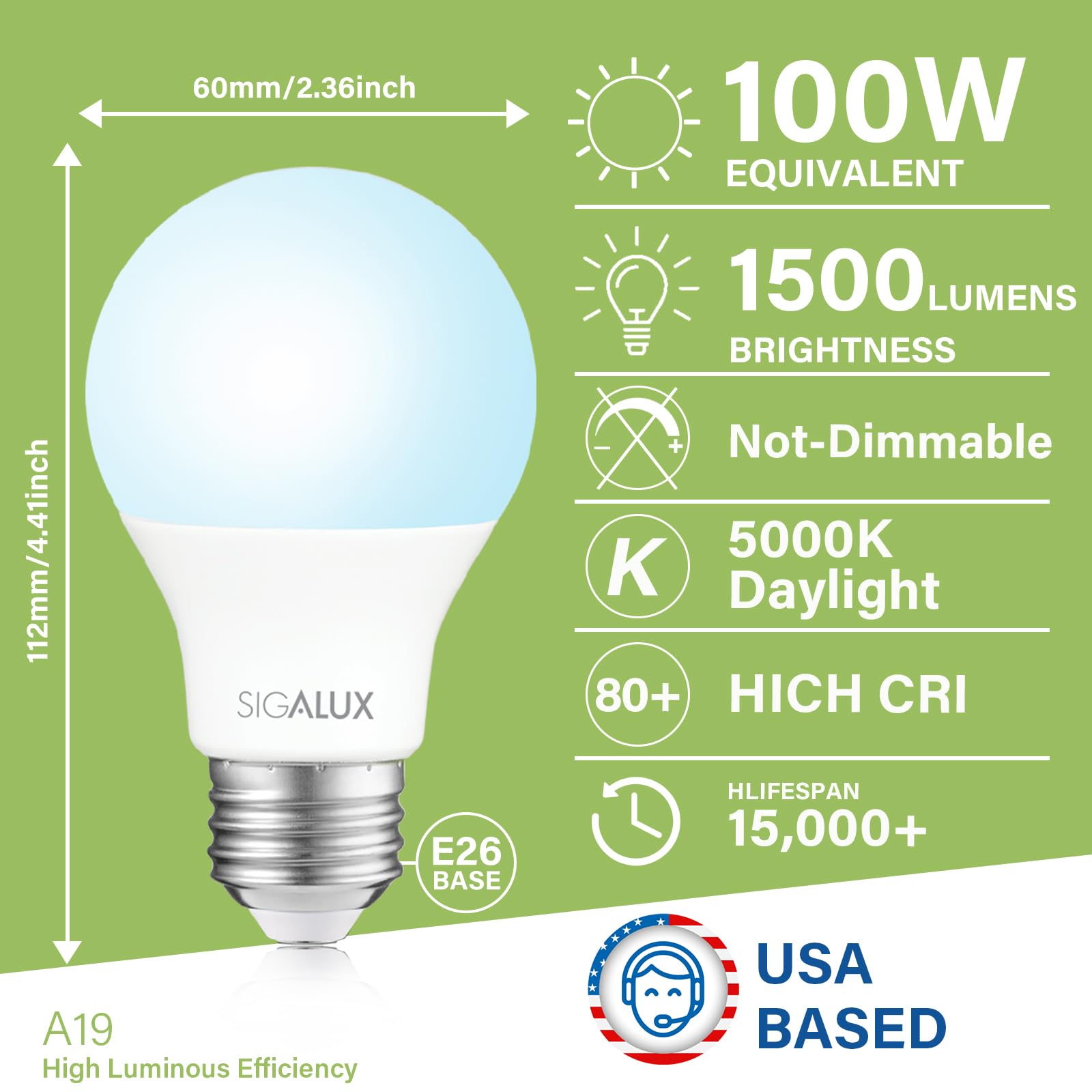 Sigalux Light Bulbs 100 Watt Equivalent,A19 Daylight Standard Led Bulbs Non-Dimmable 5000K White,High Luminous Efficiency 10W En