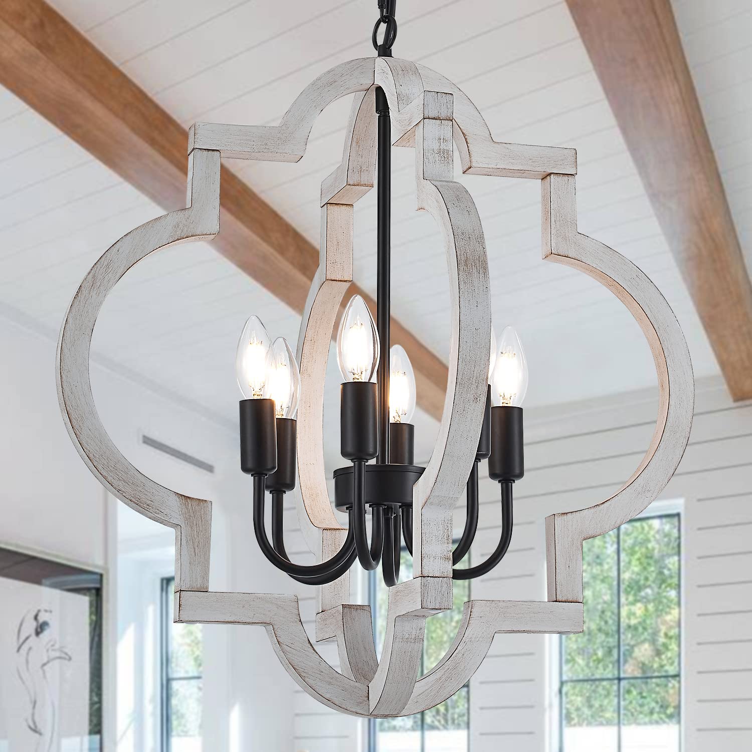 lighceac 6-Light 21'' Farmhouse Orb Chandelier Rustic Handmade Distressed White Wood Hanging Ceiling Pendant Light Fixture Wood 
