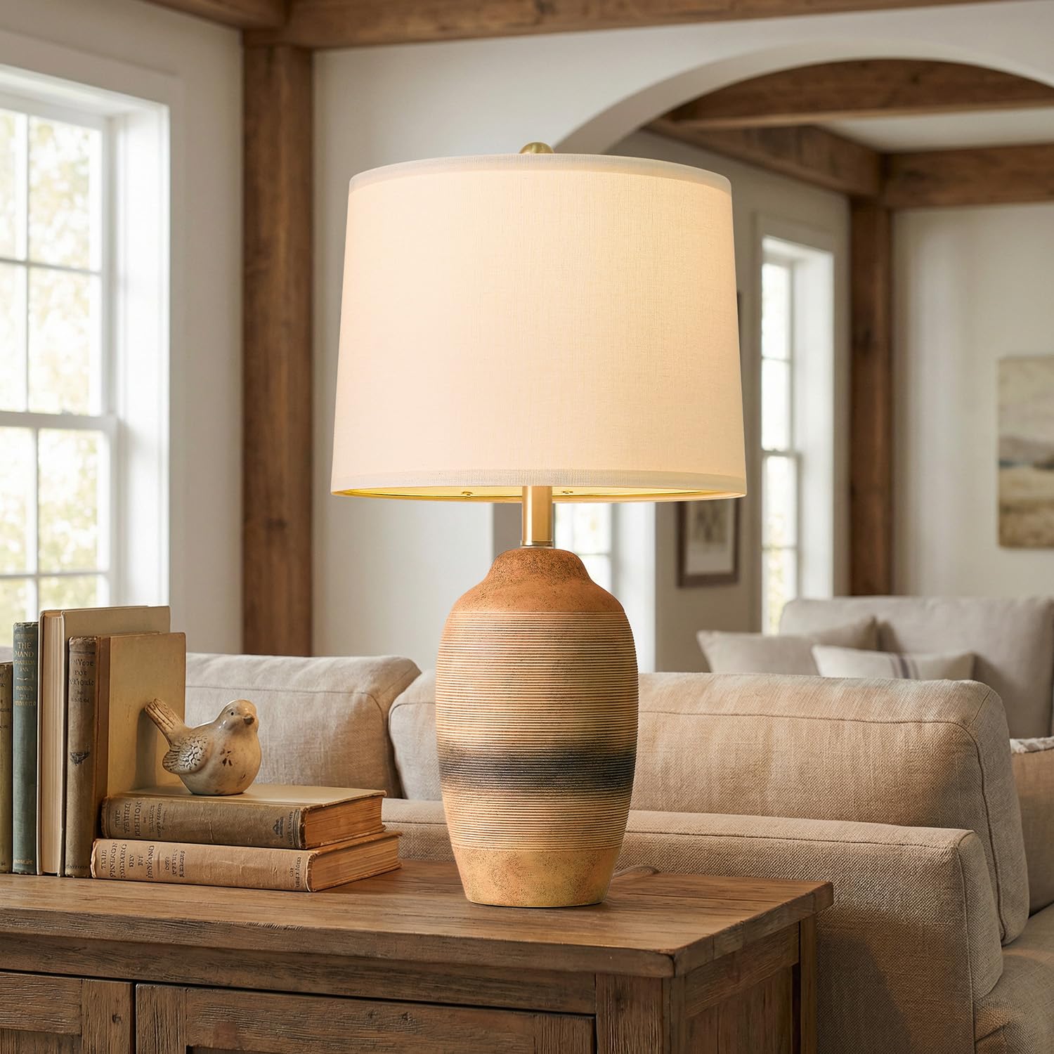24.5 Handcrafted Ceramic Table Lamp with 5FT Cord  Single Farmhouse Vintage Rustic Bedside Lamp for Living Room Bedroom  Linen Shade Nightstand End Table Decor (Bulb Not Included)Earthy Yellow
