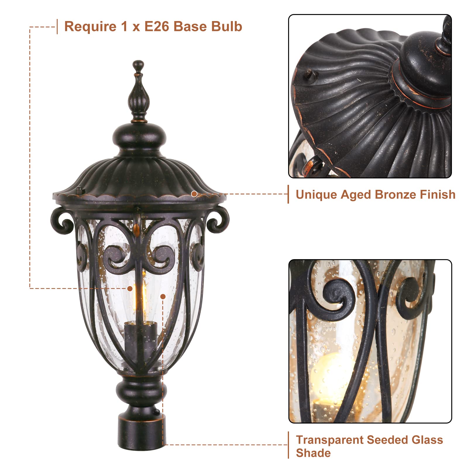 GOALPLUS Post Light Fixture 24 Inch Bronze with Dusk to Dawn Sensor, Aluminum, Seeded Glass for Yard, Garden, Patio, Model LMMS0519-M