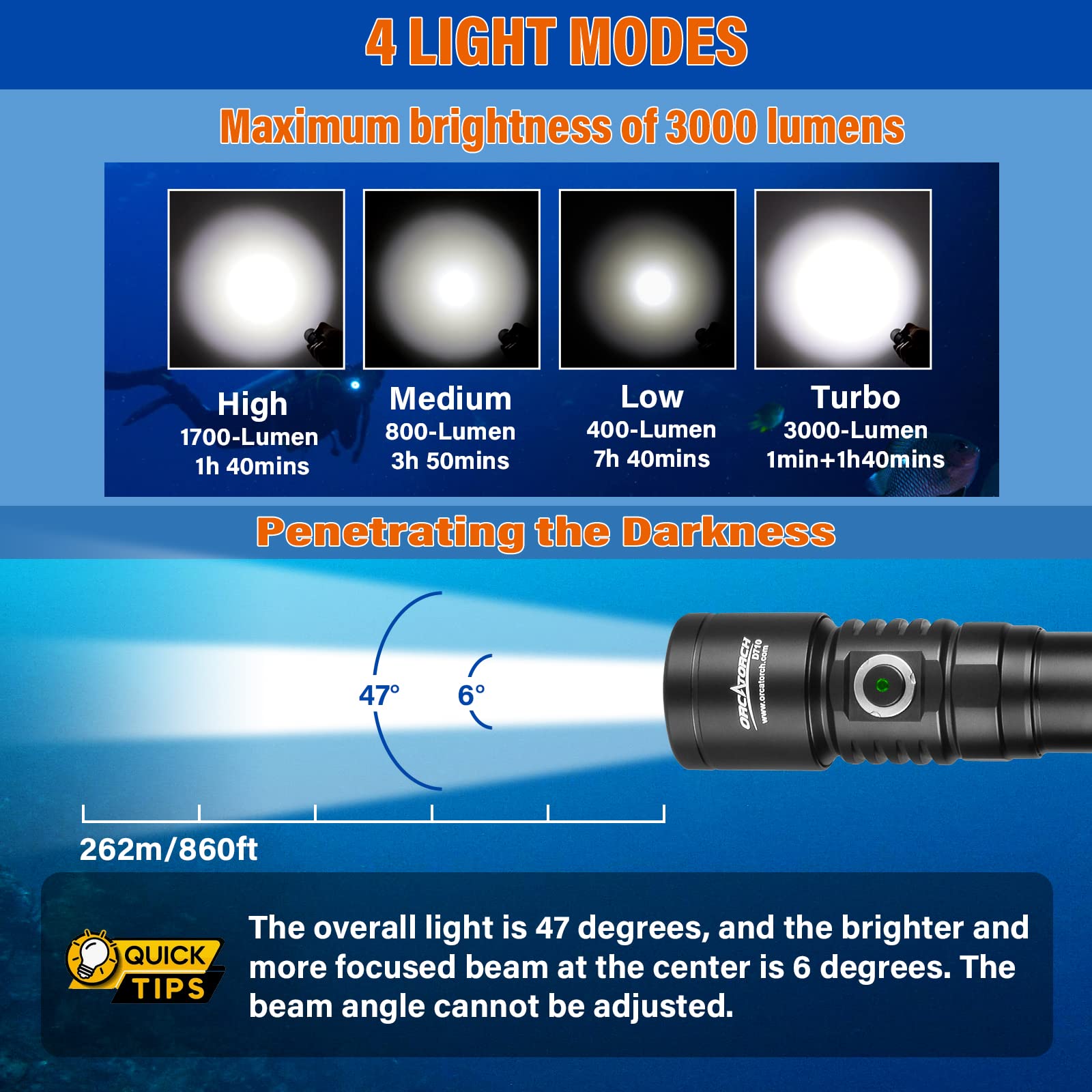 ORCATORCH D710 Scuba Diving Light, 3000 Lumens, IP68 Waterproof, 150m Submersible, Aluminum, Black