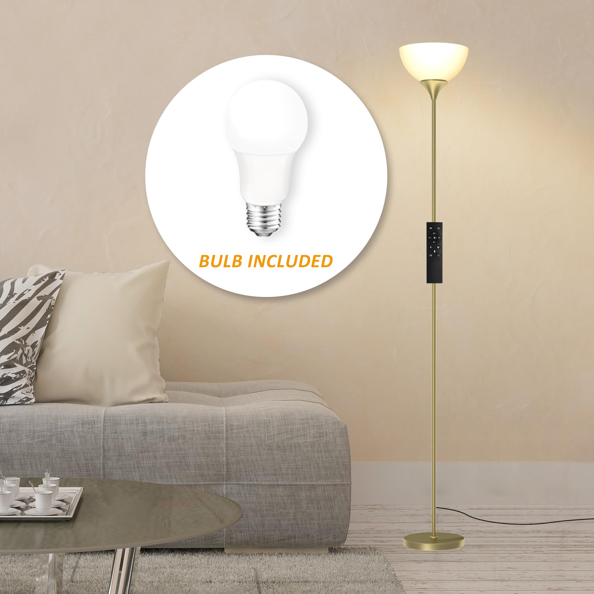 Pesrae Floor Lamp, Remote Control With Stpeless Color Temperatures And Brightness, Torchiere Lamp For Bedroom, Living Room, Bulb
