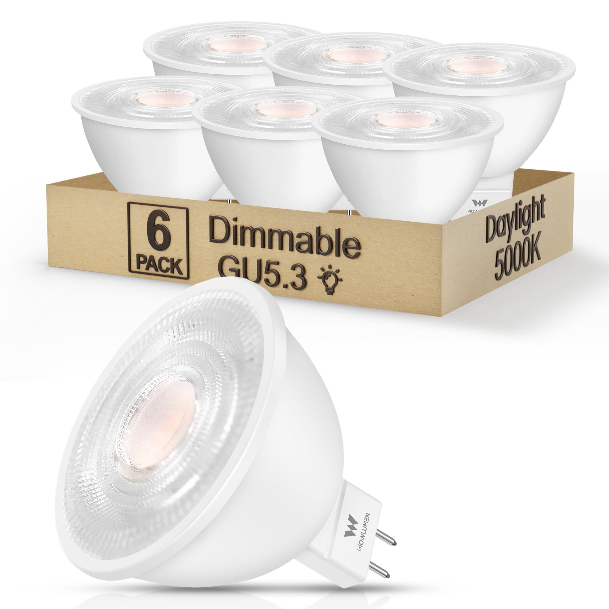 WOWLUMEN MR16 LED Bulbs, 5W Dimmable, 5000K Cool White, GU5.3 Bi-Pin Base, 6 Pack, 500 Lumens