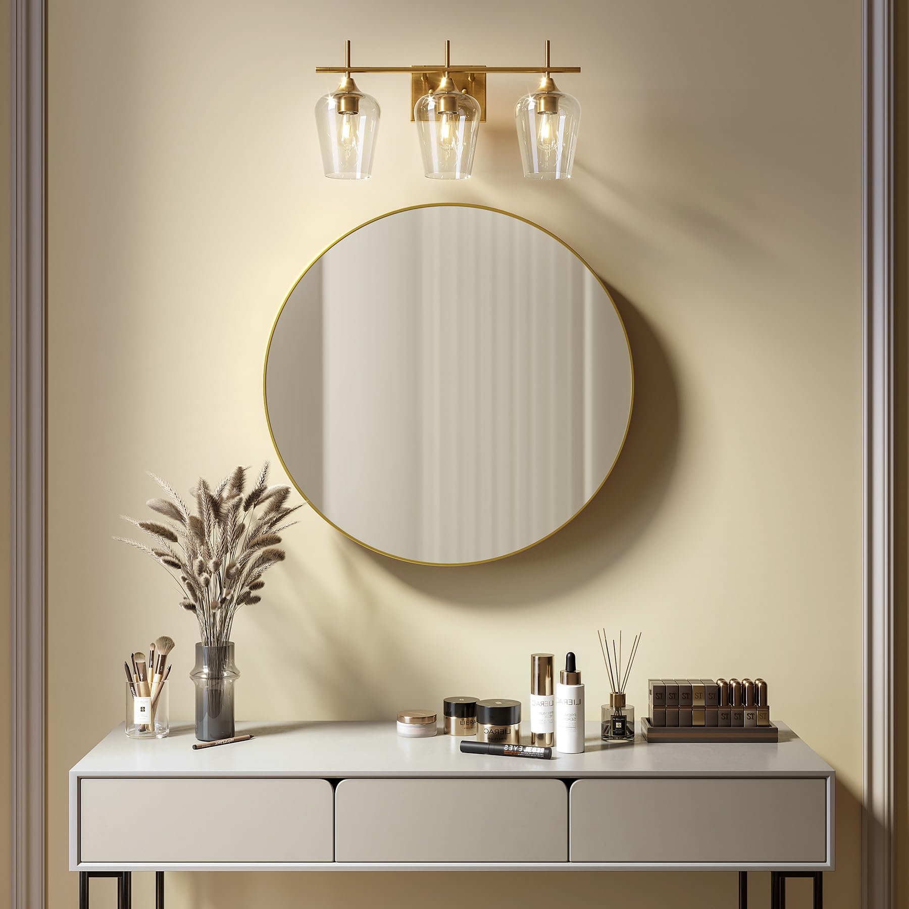 VONLUCE 3-Light Bathroom Vanity Light Fixture, Modern Metal Sconce, Brushed Gold, Clear Glass, Model HCF2803GD