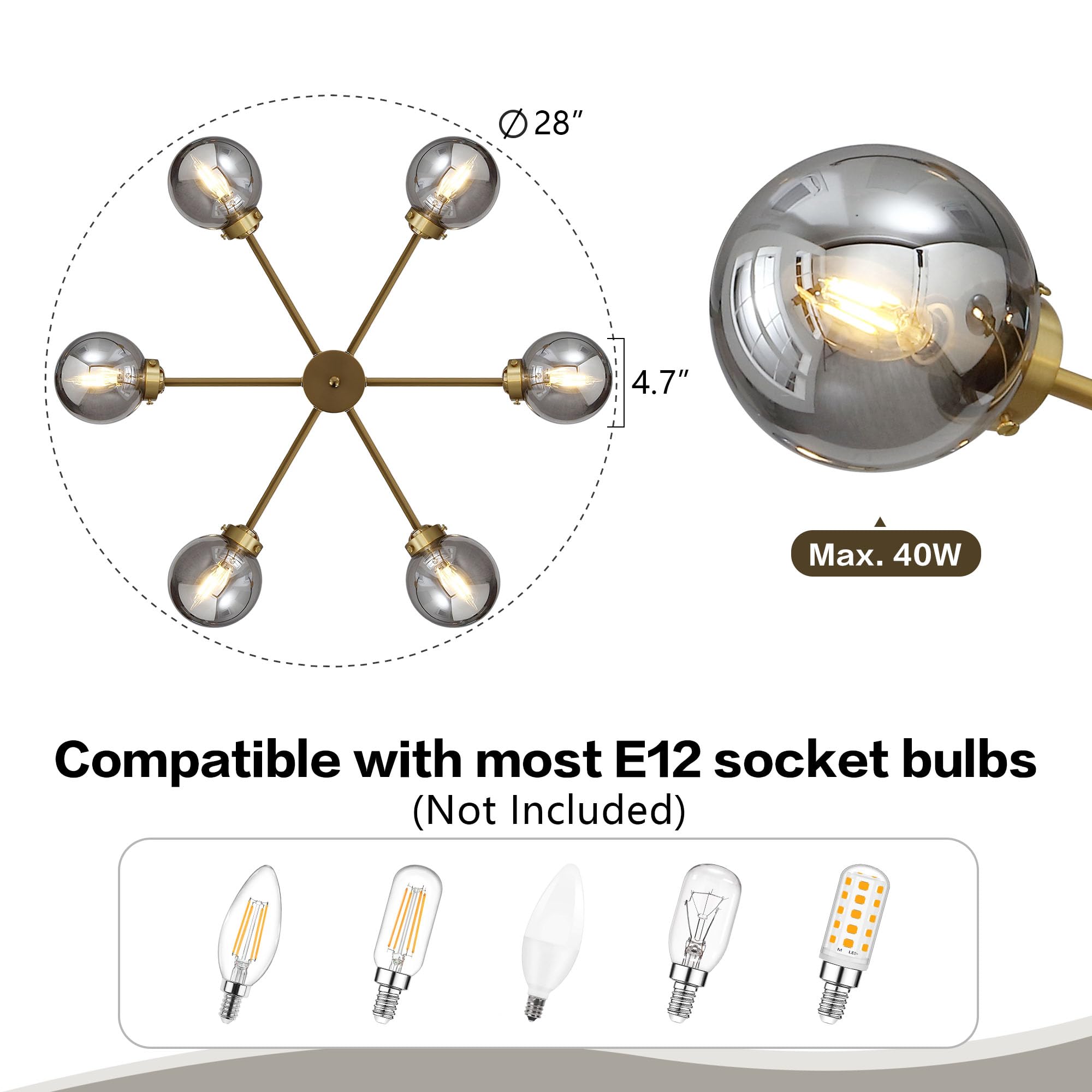 Wingbo 6-Light Sputnik Chandelier, Modern Pendant Light Fixture With 4.7" Smoked Gray Glass Globe Shade For Flat And Slop Ceiling, Height Adjustable For Kitchen Living Room Dining Room Bedroom, Gold