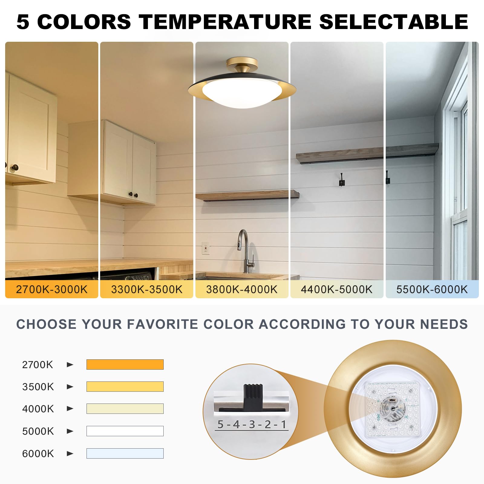 Dimmable Mid Century Modern Semi Flush Mount Ceiling Light With Acrylic Shade,Black Gold Led Ceiling Light,5Cct 2700K-6000K Ligh