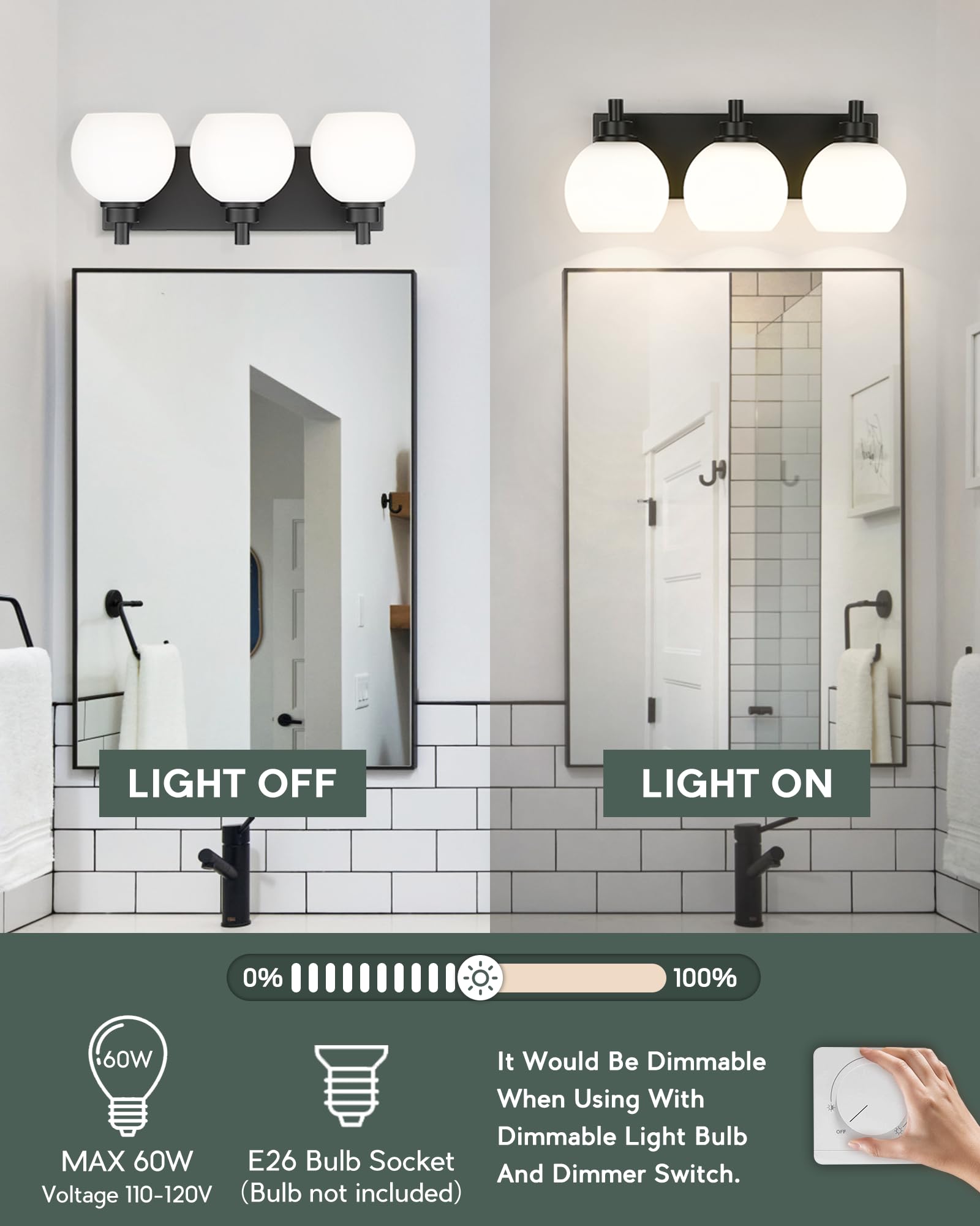 METWET 3-Light Bathroom Vanity Light Fixture, Matte Black with Milk Glass Shades, Model VL195-MB-ML-3