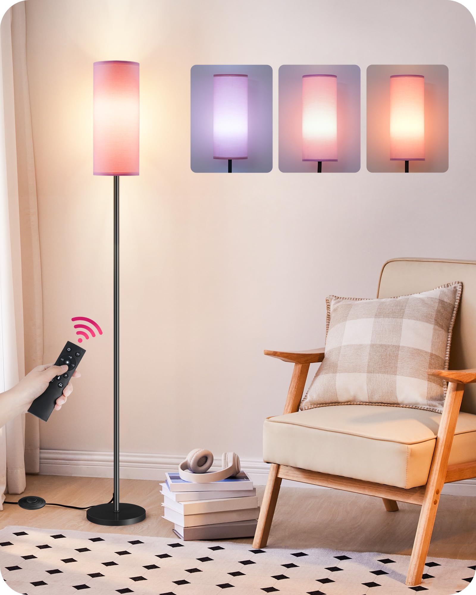 Dimmable Pink Floor Lamp for Living Room with Remote and Foot Switch, Corner Floor Lamp for Bedroom, 66'' Standing Tall Lamp, 10