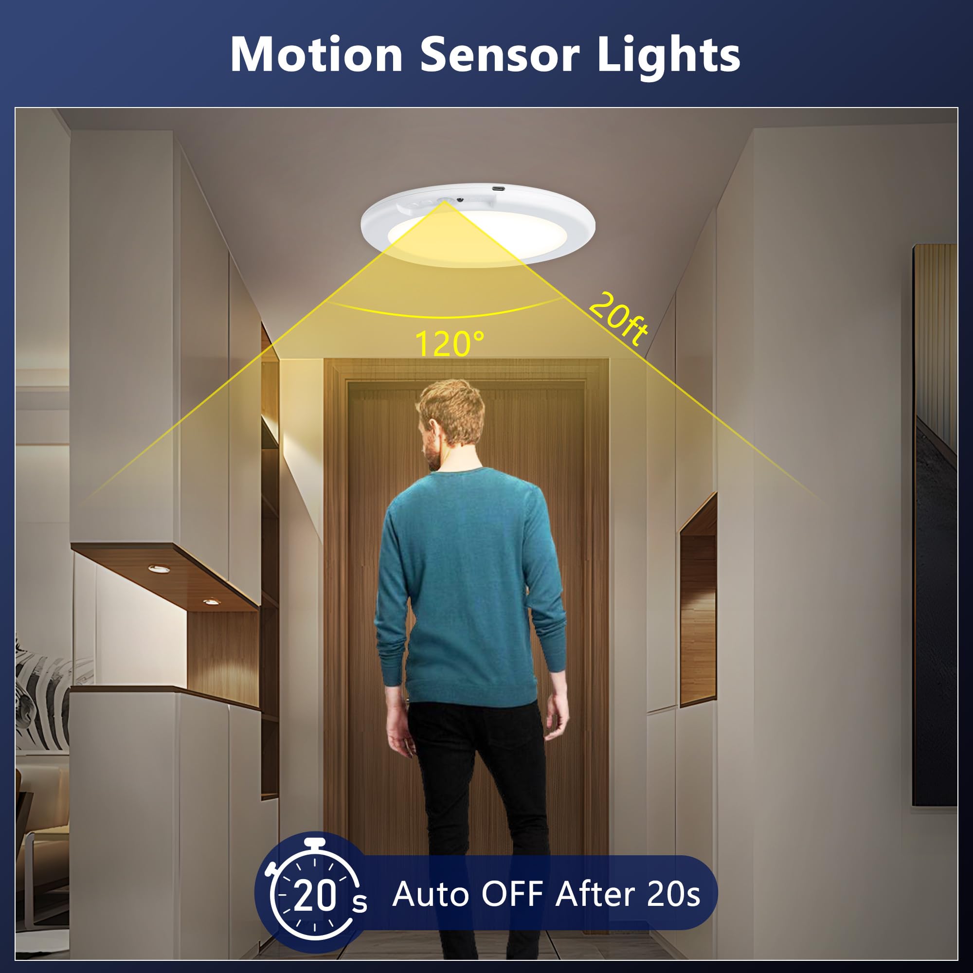maylit Rechargeable Motion Sensor Ceiling Lights, 2 Pack, Wireless, 3 Color Temperatures, Battery Operated, Plastic, Round Model